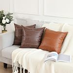 MANDIOO Set of 2 Boho Striped Faux Leather Throw Pillow Covers 20x20 Inch 50x50 cm Modern Luxury Square Decorative Cushion Cases for Living Room Bedroom Sofa Couch Dark Brown