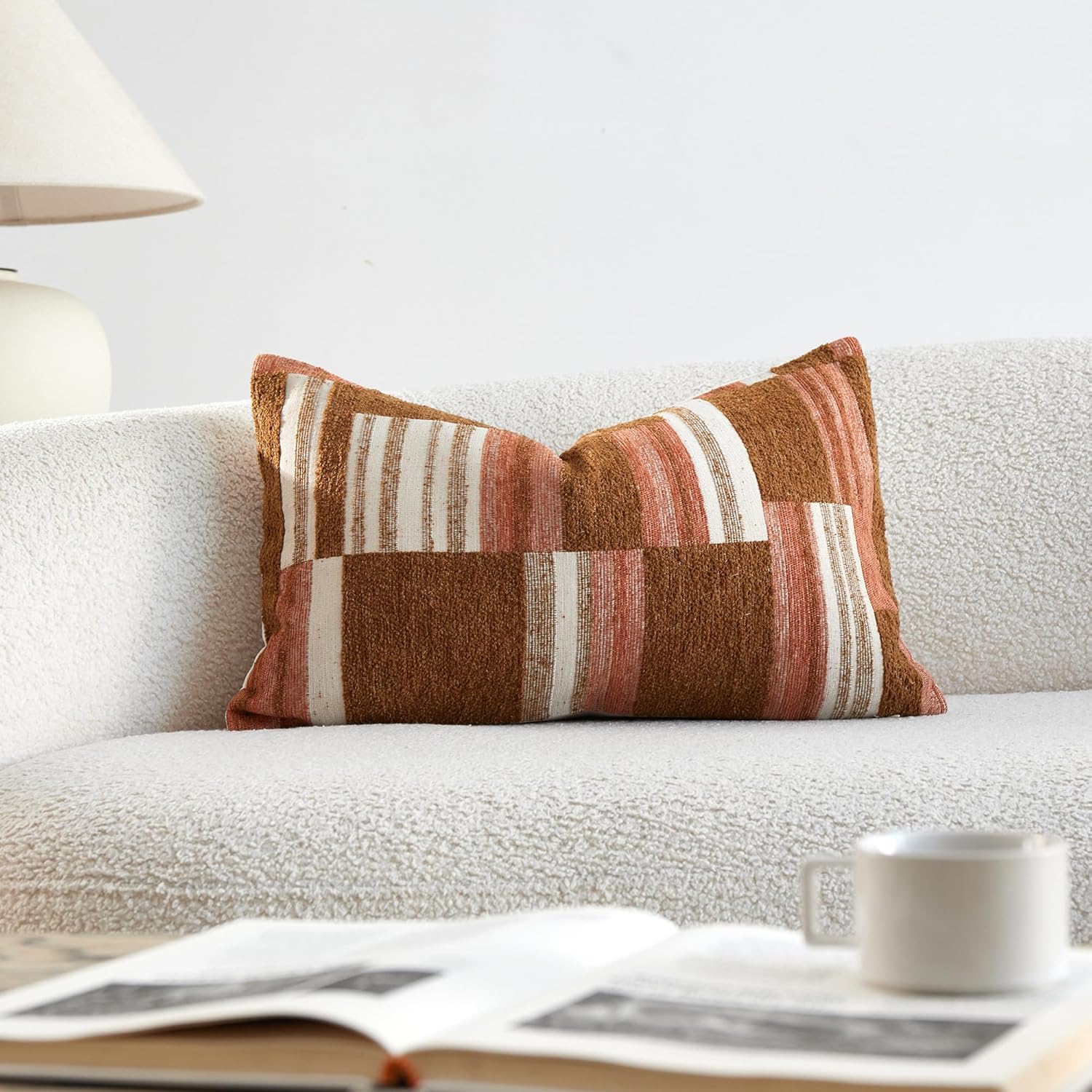 THE-TINOART Boho Tribal Throw Pillow Cover, Caramel Chenille Jacquard Geometric Pillow Cover, Textured Decor for Couch & Bed, 12x20 Inch