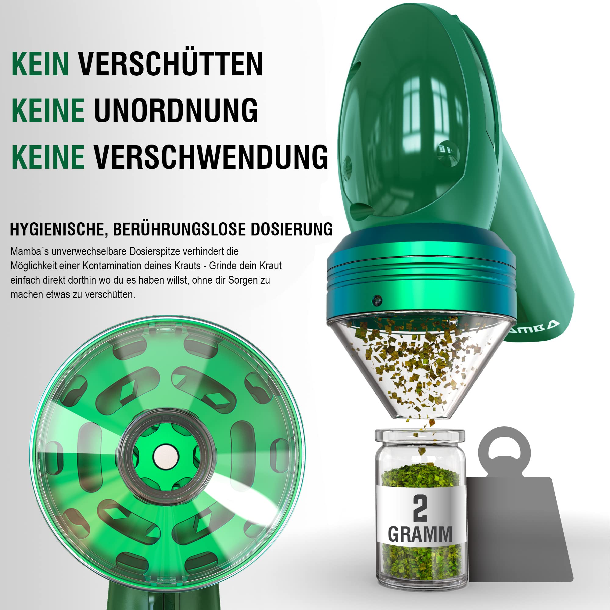 Mamba Grinders Elektrische Kruidenmolen 2g, USB Oplaadbaar, Aluminium Kruidenmolen met Accessoirekit - Volledig Opgeladen voor Gebruik - Metallic Groen