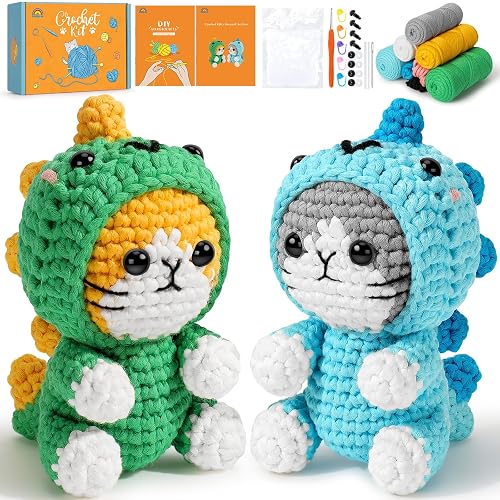 Crochet Kit for Beginners, 2 Pack Dinosaur Cat Crochet Kit,