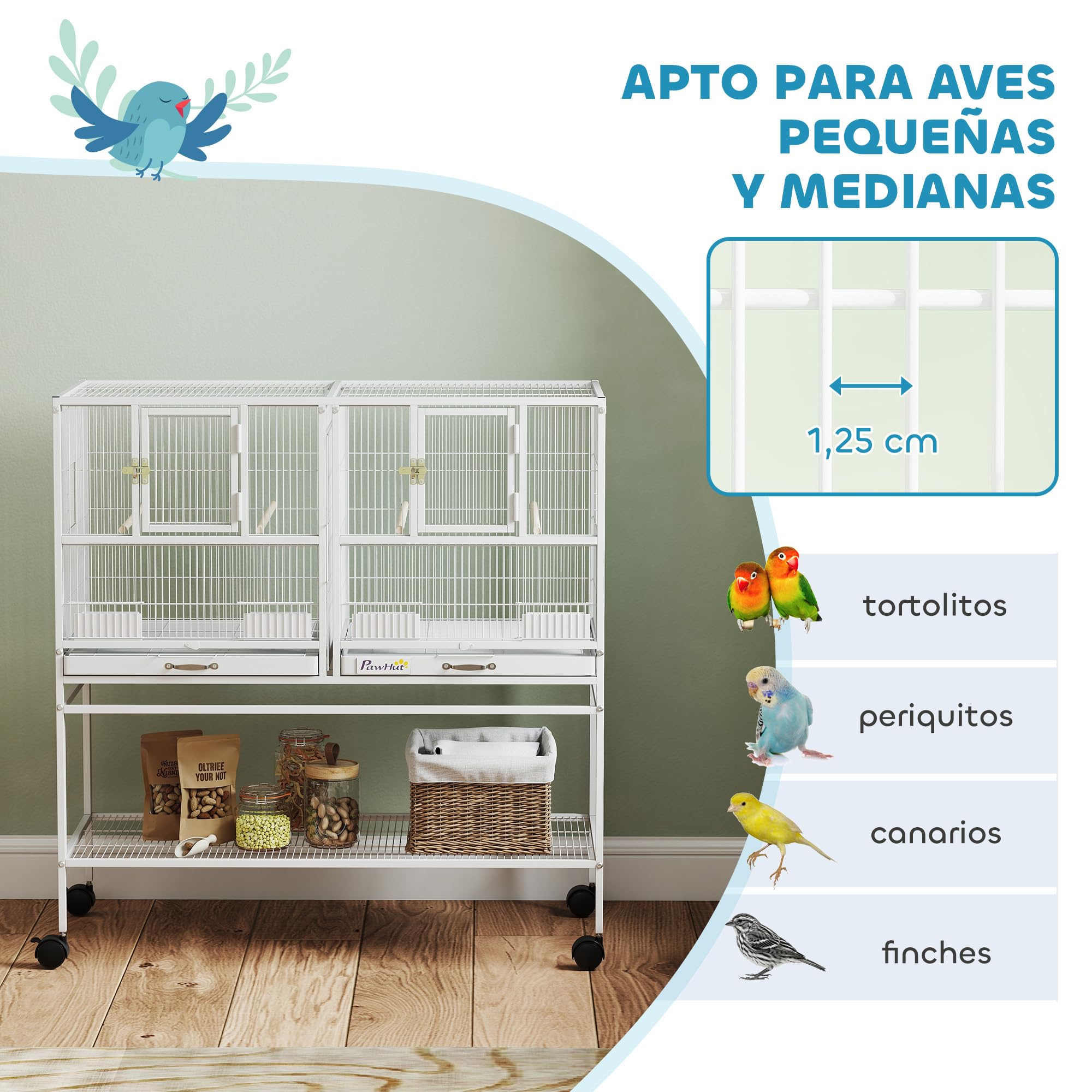 PawHut Jaula para Pájaros Grande con Divisor, Pajarera Doble con Ruedas, 4 Comederos, 4 Perchas, Estante, 2 Bandejas Extraíbles, para Periquitos, Agapornis, Canarios, 95x45,5x102 cm, Blanco