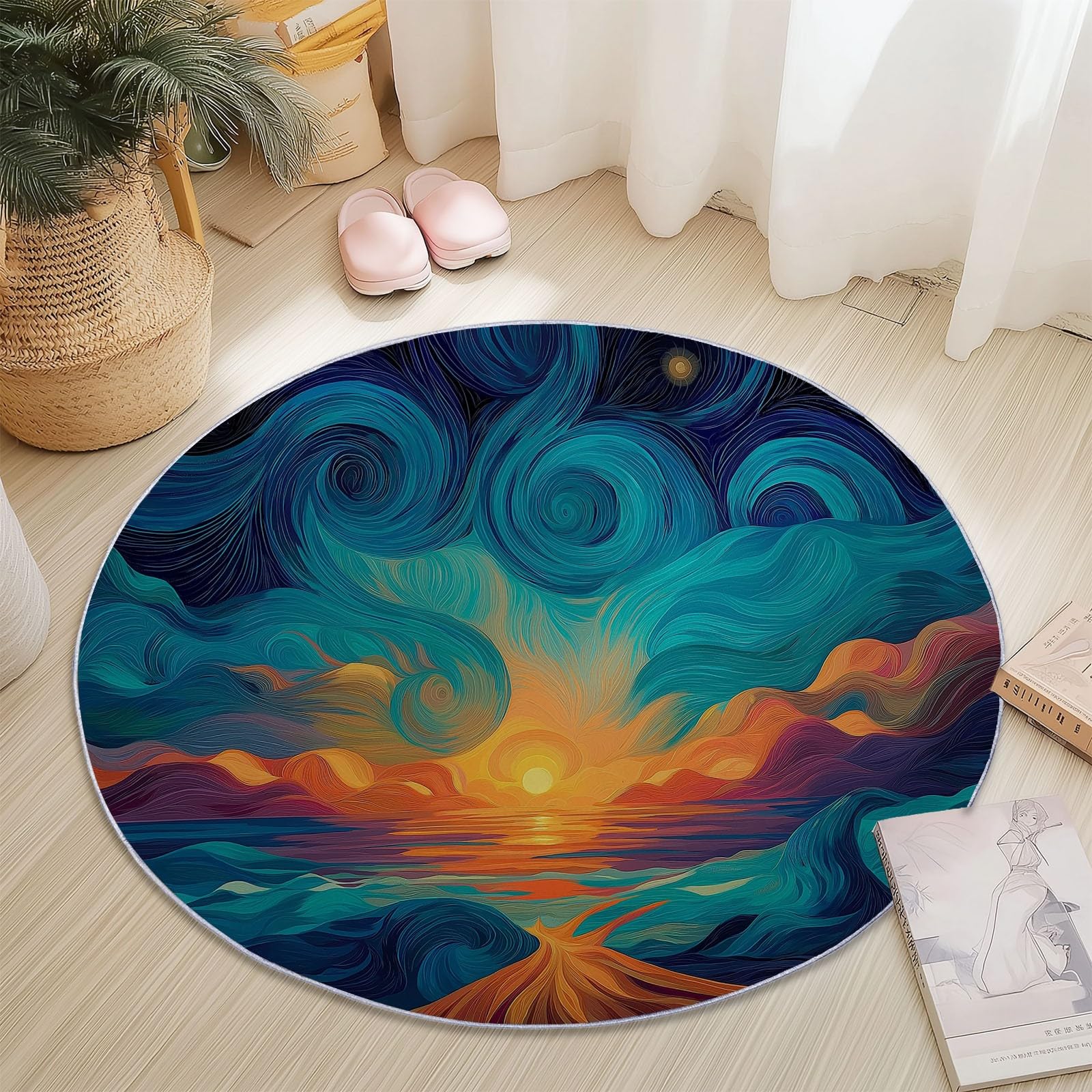 Tapis rond 180cm abstrait et lavable en machine pour salon