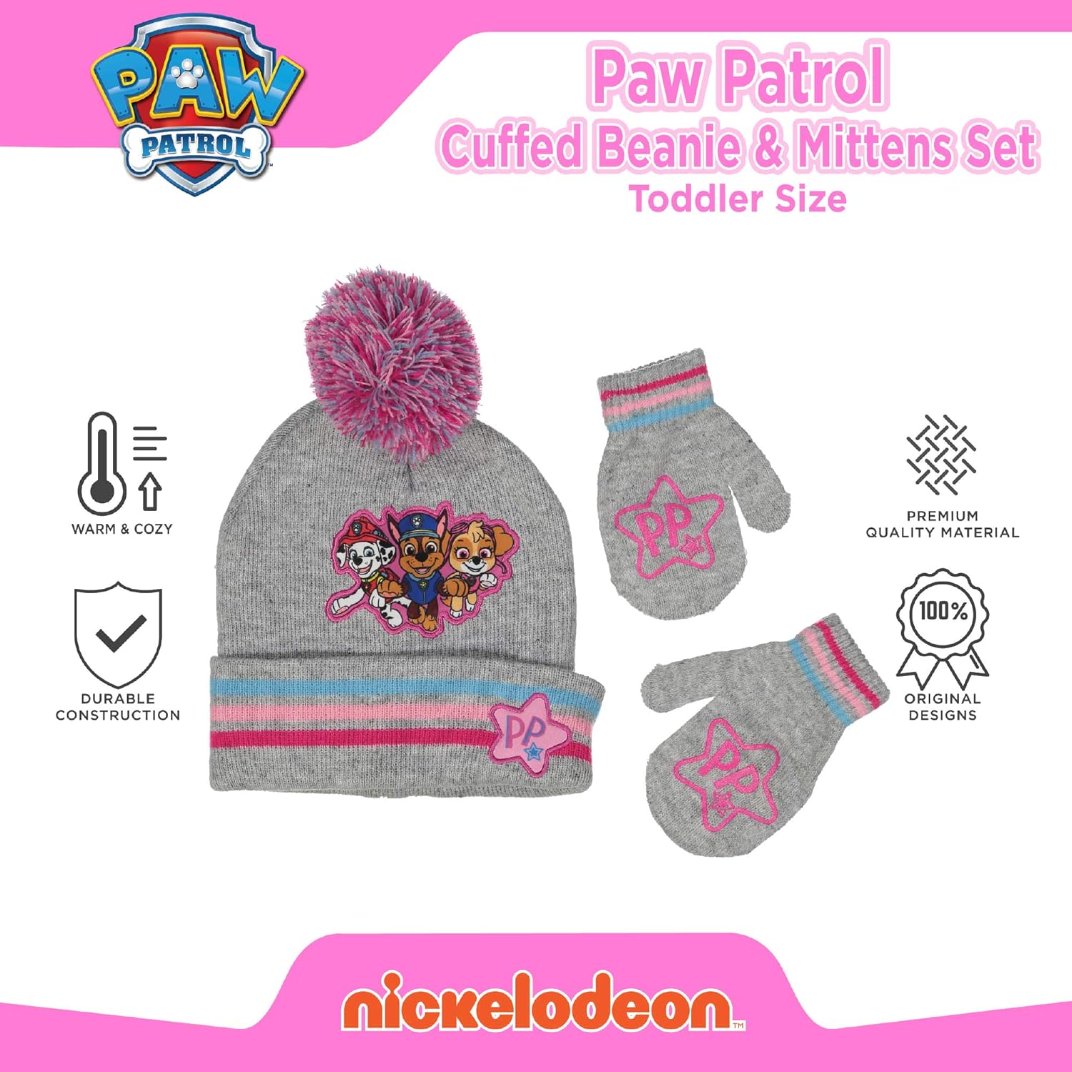 Nickelodeon Winter Hat, Kids Gloves or Toddlers, Paw Patrol Skye Baby Beanie for Boy Girl Ages, Grey Design, Mittens-Age 2-4: Clothing, Shoes & Jewelry