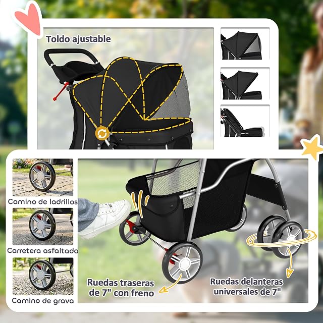 Foto 6 de 8 de PawHut Carrito para Perros Gatos Plegable hasta 10 kg 77x44x102 cm Negro
