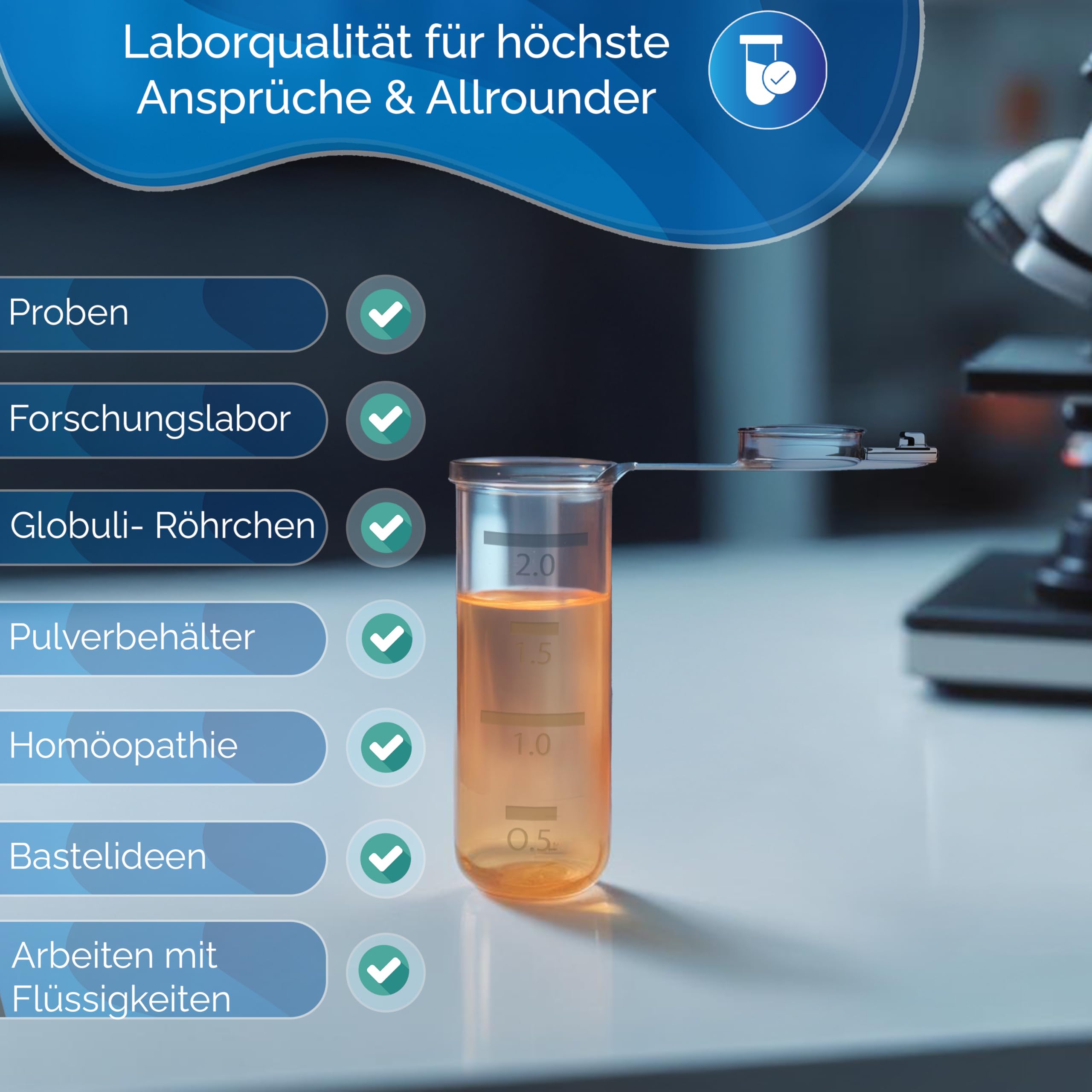 Lot de 100 récipients de réaction 2,0 ml - Tubes de centrifugeuse - Capsules en tissu étanches et étanches - Tubes d'échantillons pour laboratoire, échantillons, granules et recherche