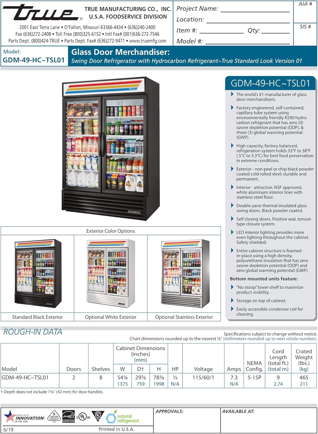 Technical drawing of True Manufacturing GDM-49-HC~TSL01 with dimensions and specifications