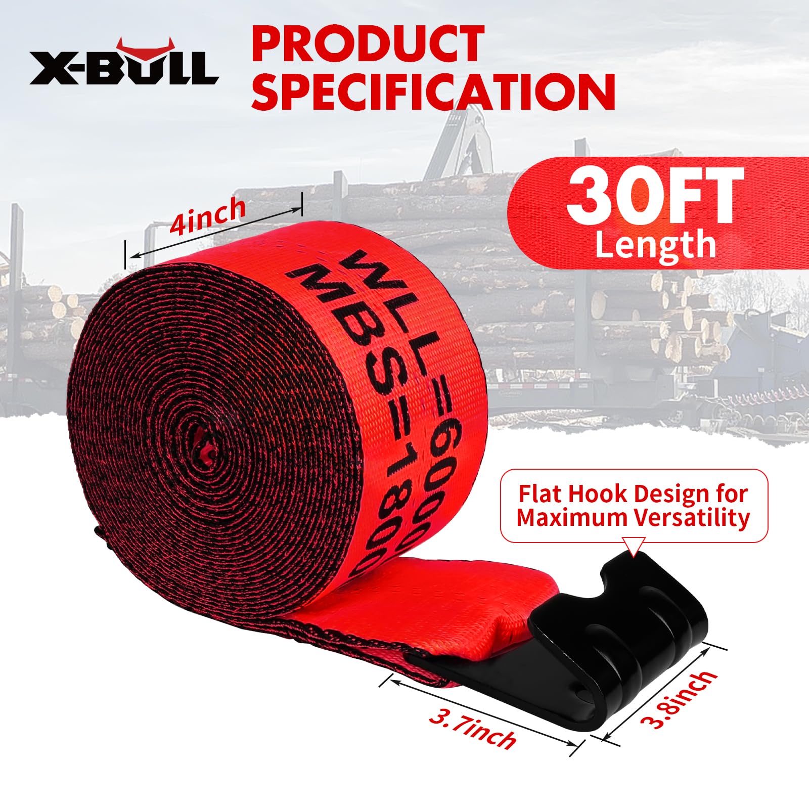 X-BULL Cinghie per verricello da 10,2 cm x 7,6 m, resistenza alla rottura di 8,2 kg, peso massimo 2721,6 kg, resistenti cinghie per rimorchi a pianale piatto, camion, salva-alberi, colore rosso