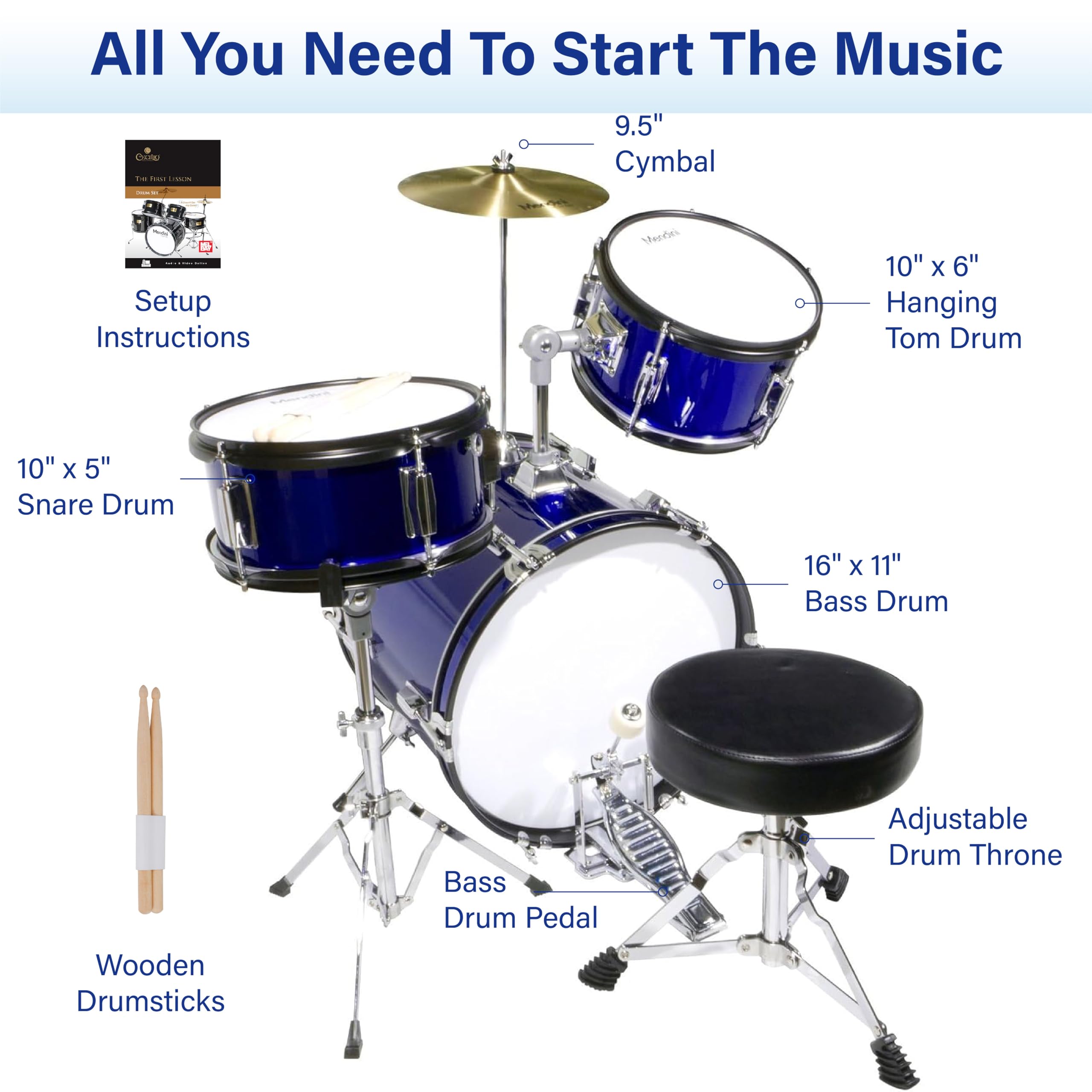 Mendini 3-Piece 16-Inch Junior Drum Set, Metallic Blue - MJDS-3-BL