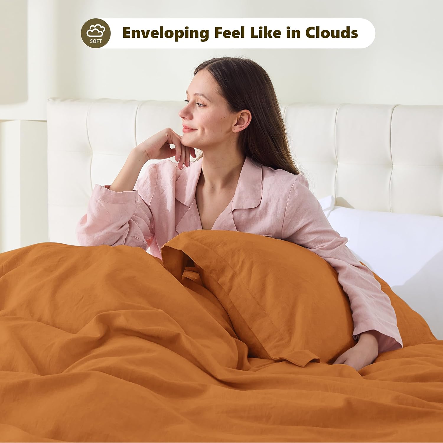 FALUCA French Linen Cotton Duvet Cover Set 3-Piece Queen (88"x92") - Soft & Comfortable, Breathable Farmhouse Bedding for All Seasons& Luxury Home Decor, Rust/Solid Burnt/Dark Orange