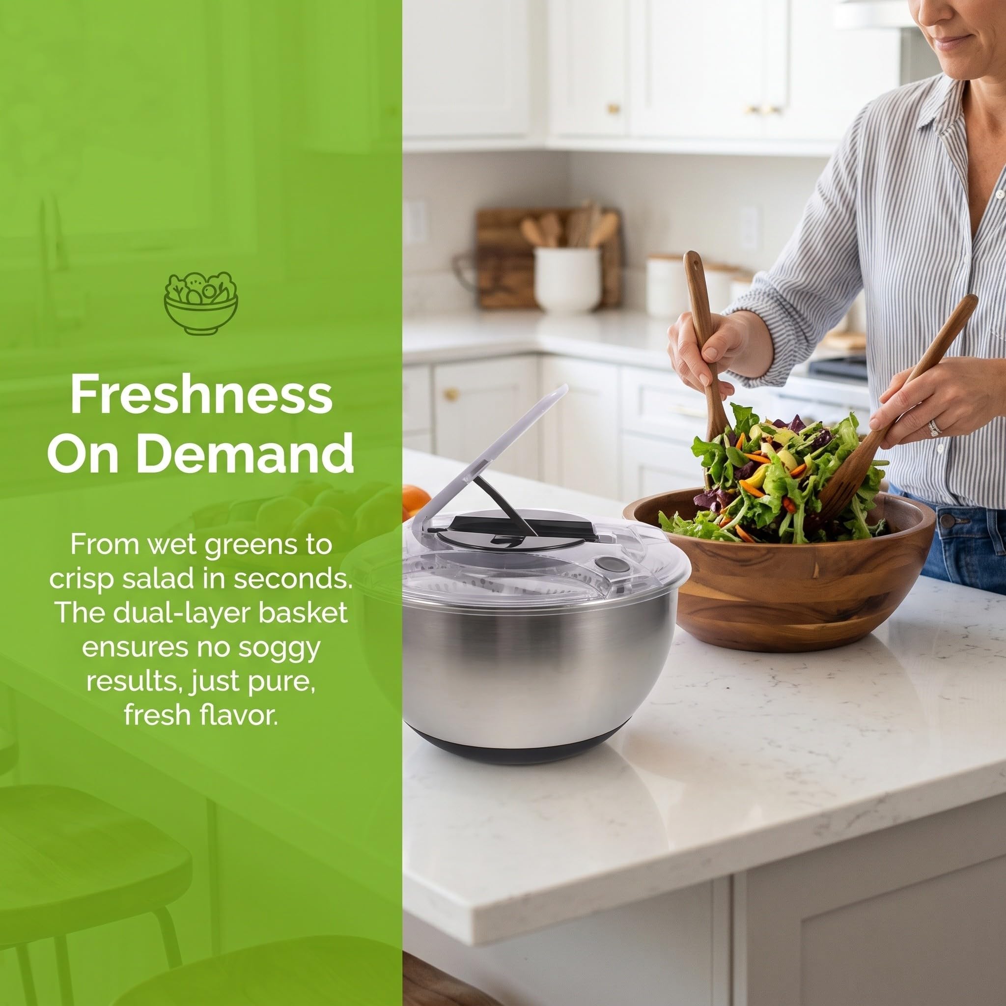 Gatuida Juego de centrifugadora de Ensalada de Acero Inoxidable, Limpiador | Secador de frutas y verduras, bol para servir y cesta coladora para ensaladas y productos frescos, crujientes y limpios,
