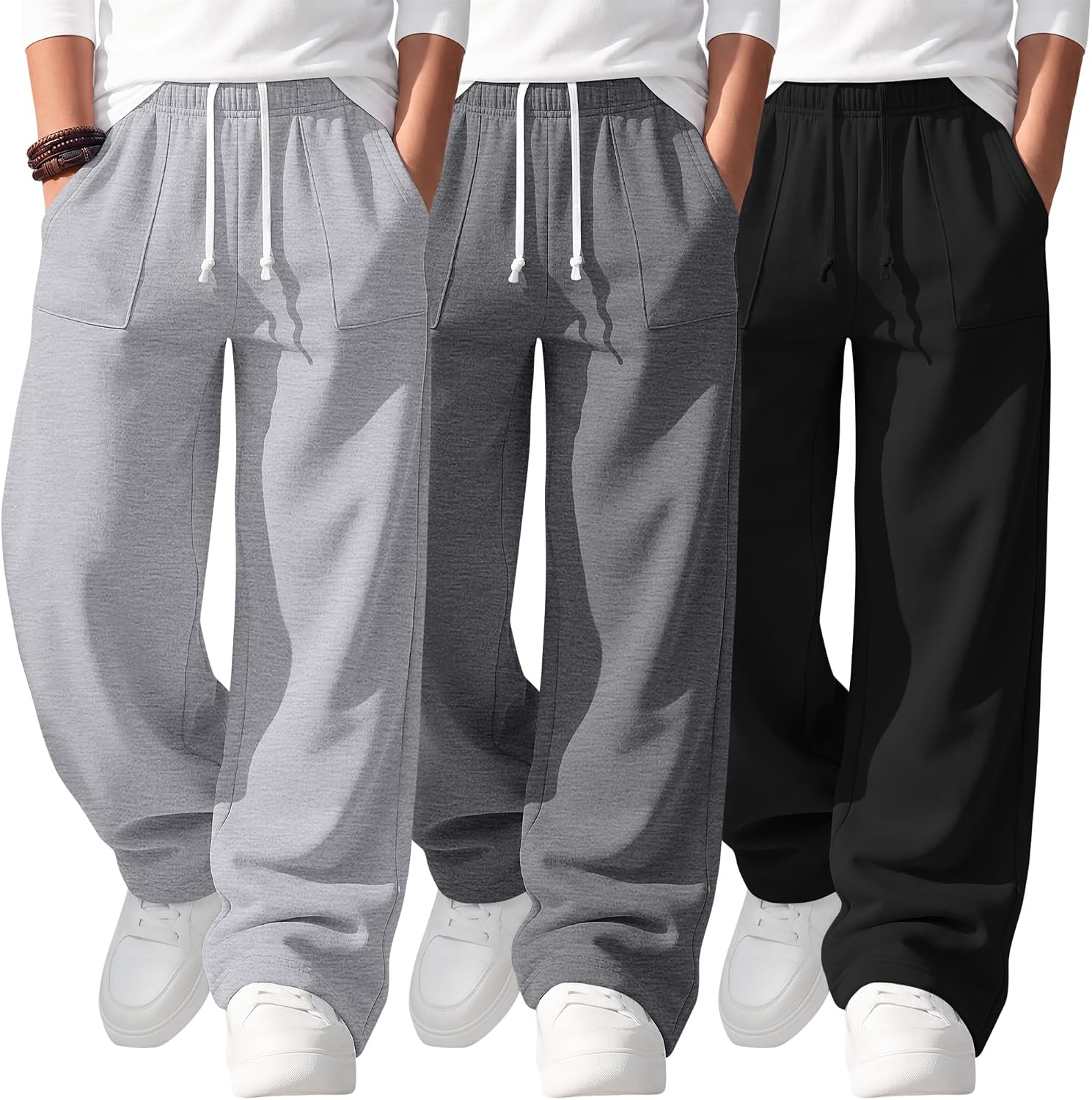 3 Pack Boys Wide Leg Sweatpants 6-14Y Elastic Waist Open Bottom Drawstring Athletic Workout Joggers Pants Pockets