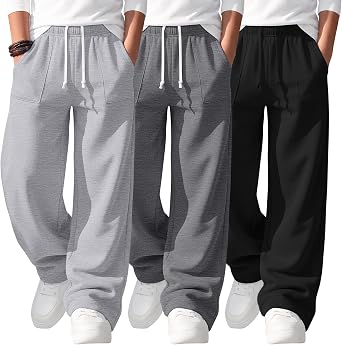 3 Pack Boys Baggy School Sweatpants 6-14Y | Wide Leg Pants with Pocket, Loose Casual Trouser, Teens Lightweight Bottoms Drawstring, Youth Activewear, Athletic Daily Wear
