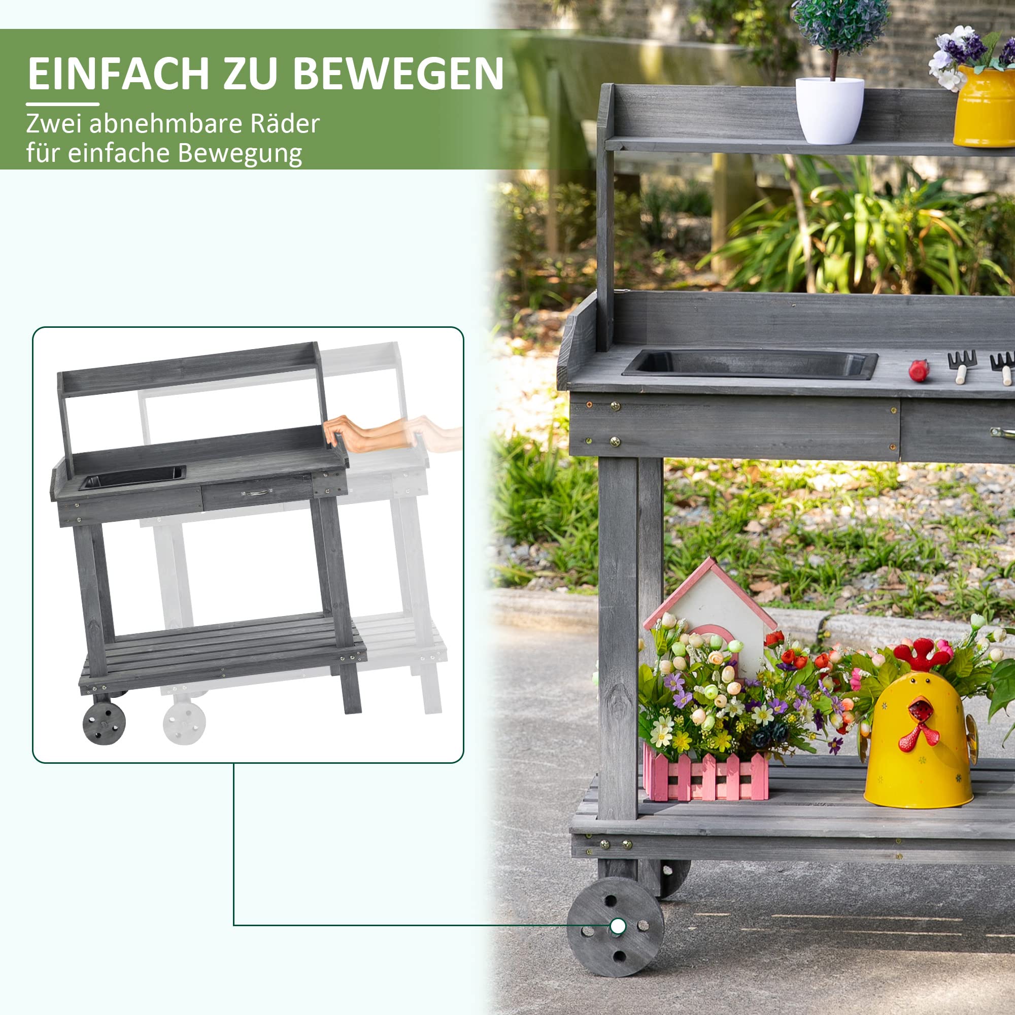 Outsunny Mesa de jardín con cajón de 2 Niveles, con Lavabo y Ruedas, Madera de Abeto Gris, 92 x 45 x 119 cm