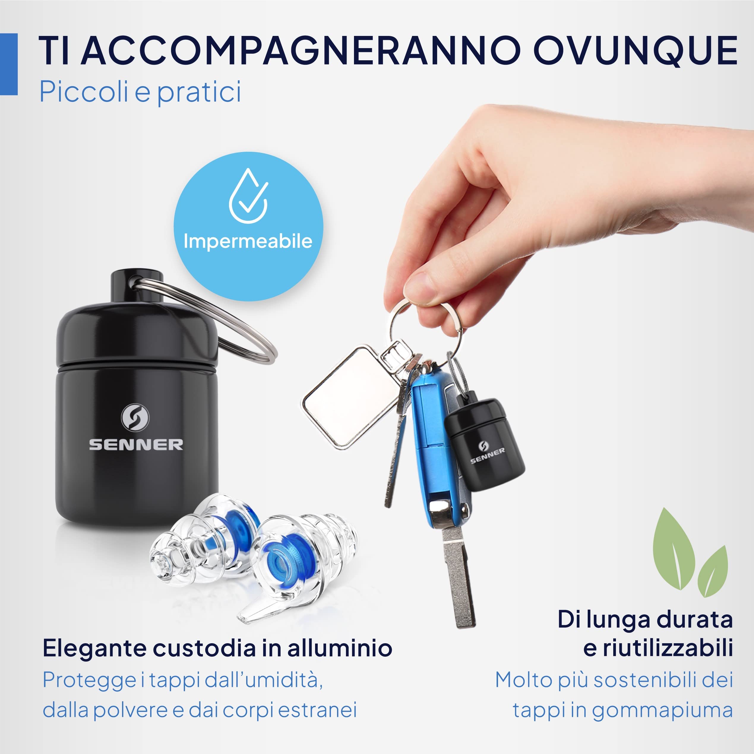 Senner MusicPro tappi per orecchie antirumore a protezione dell’udito con contenitore in alluminio. Ideali per musica, concerti, discoteca e festival (Ampia bottiglia nera Filtro blu)