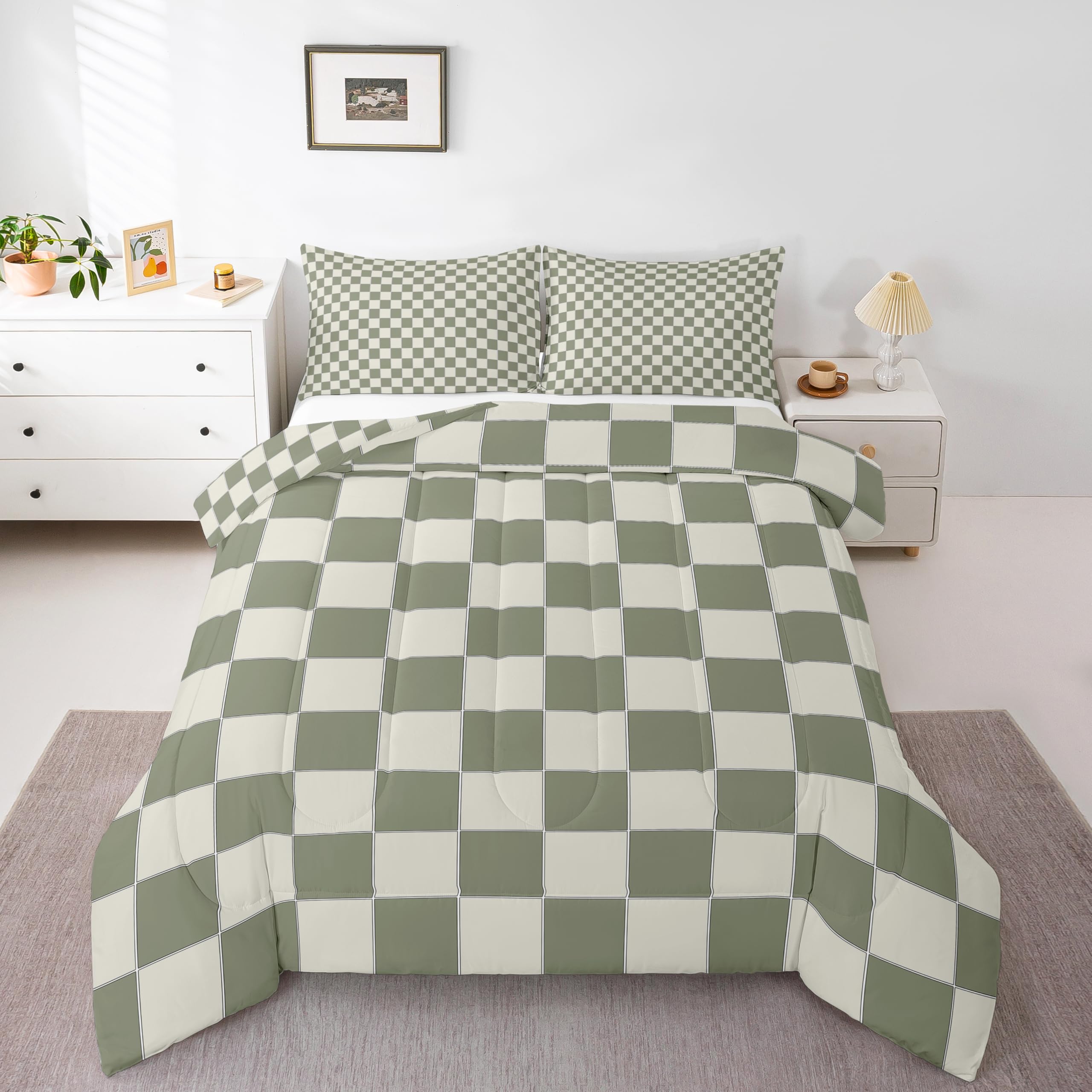 Erosebridal Plaid Comforter Set Full Beige Sage Green Checkerboard Quilt Set Geometric Checkered Bedding Set for Kids Boys Girls, Aesthetic Grid Duvet Set Modern Room Decor 3 Pcs