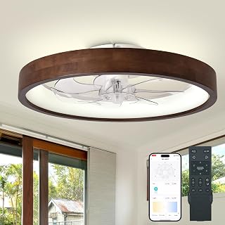 20” Modern Dark Wooden Flush Mount Low Profile Ceiling Fans with Lights