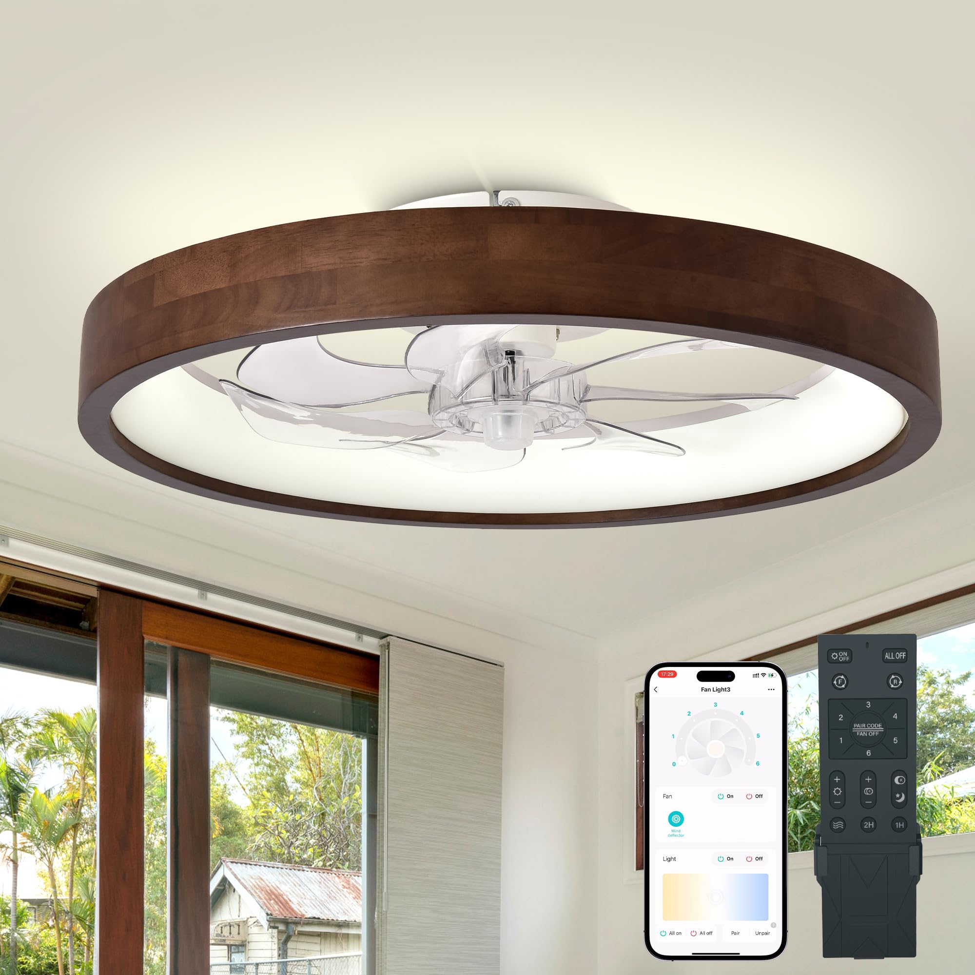 Photo 1 of 20” Modern Dark Wooden Flush Mount Low Profile Ceiling Fans with Lights