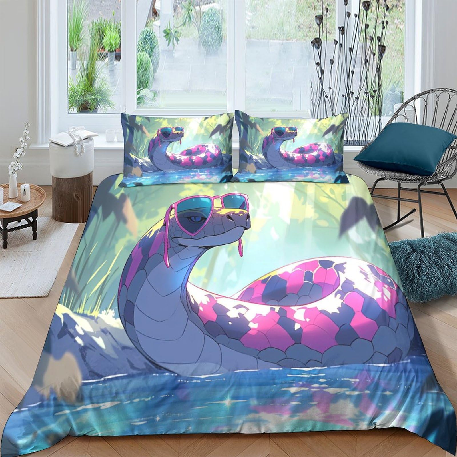 Parure de lit 200x200 cm avec housse de couette serpent et 2 taies d'oreiller zippées