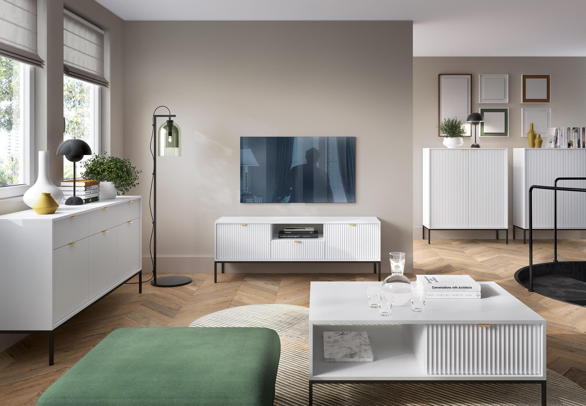 Sideboard, Retro-Stil, Weiß, 154 x 39 x 83 cm, 51 kg, 3 Türen mit Schubladen, Engineered Holz und Stahl