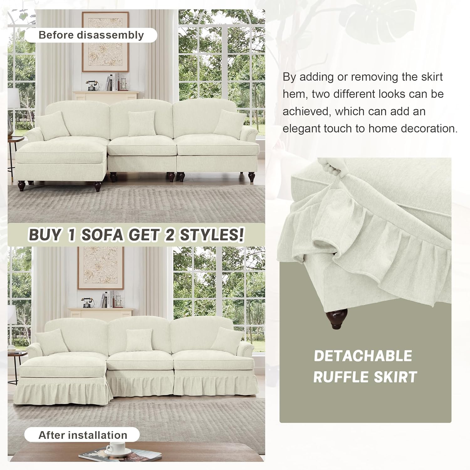 KEIKI Mid Century Modular Sofa with Flared Arms and Skirted Design, 76" Loveseat Chenille Sectional Couches for Living Room, Soft Apartment Size Couch, Home Sofa Bedroom Furniture, Beige White