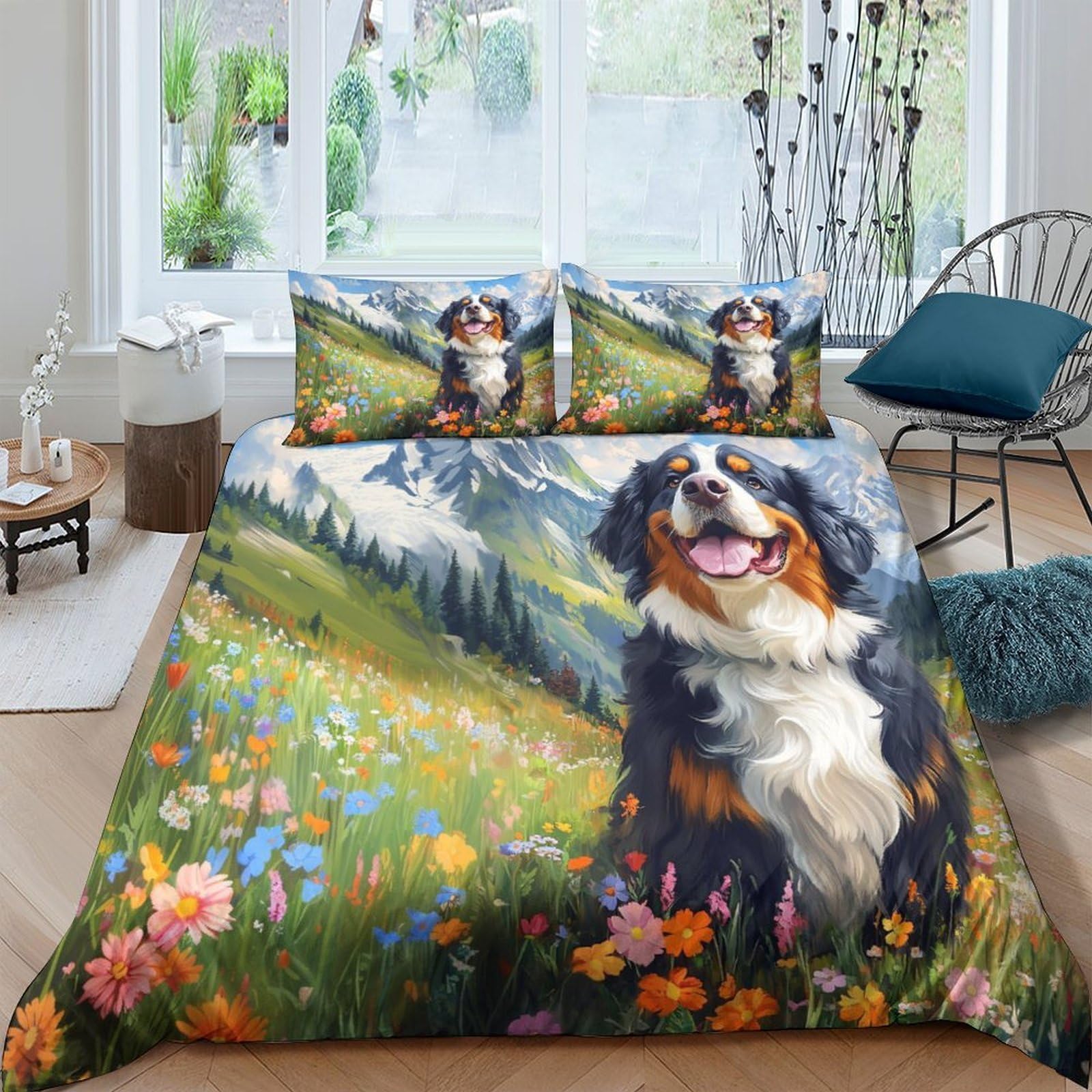 Ctjqhvkz Style-4 3D Printed Bernese Mountain Dog Meadow Fitted Sheet Microfiber Soft Scenic Floral Bed Cover Bedroom Decor Single（135X200cm）
