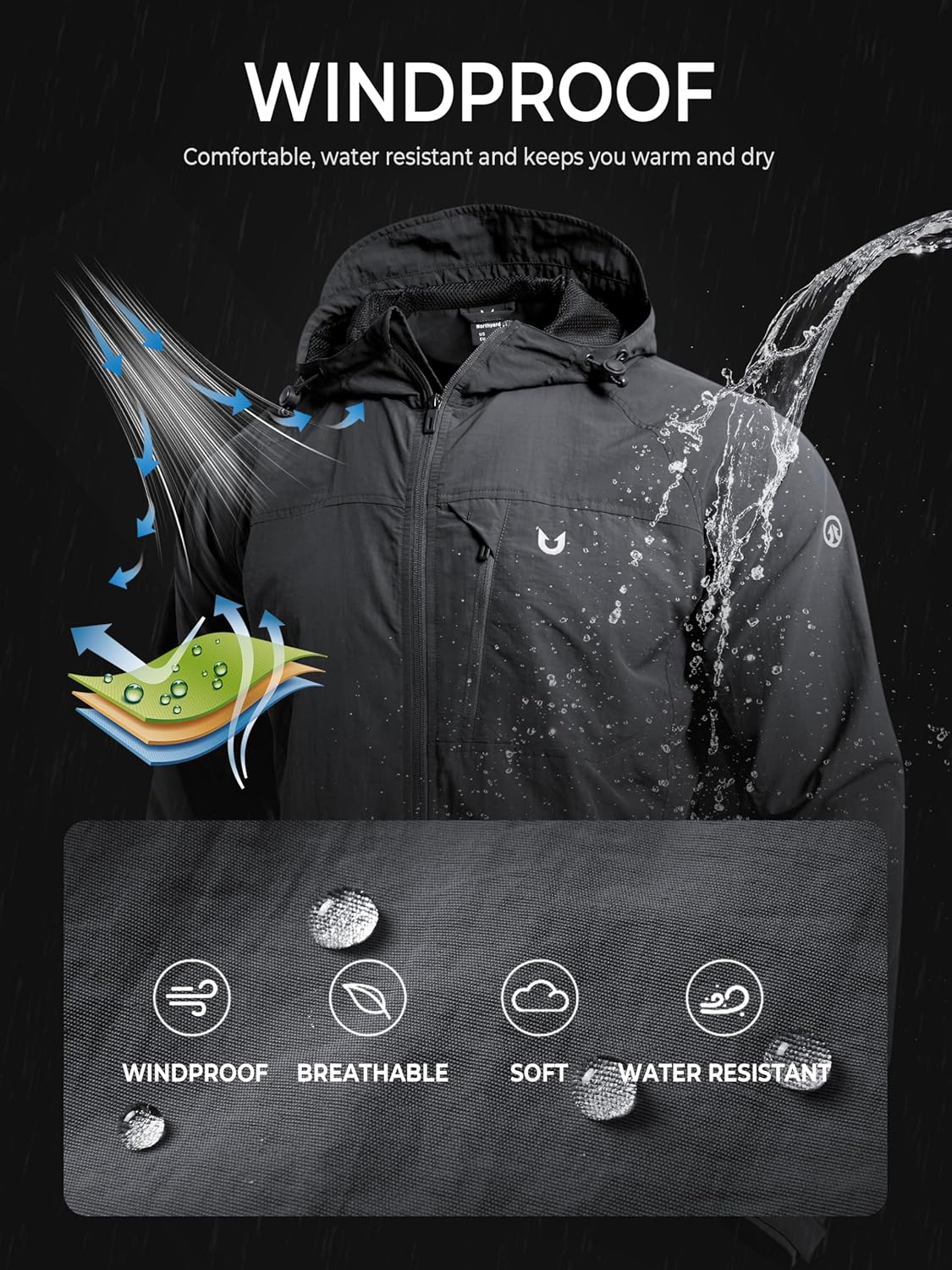 NORTHYARD Men's Windbreaker Jacket Lightweight Hooded Windproof Jackets with Zipper Pockets Hiking Outdoor Water Resistant
