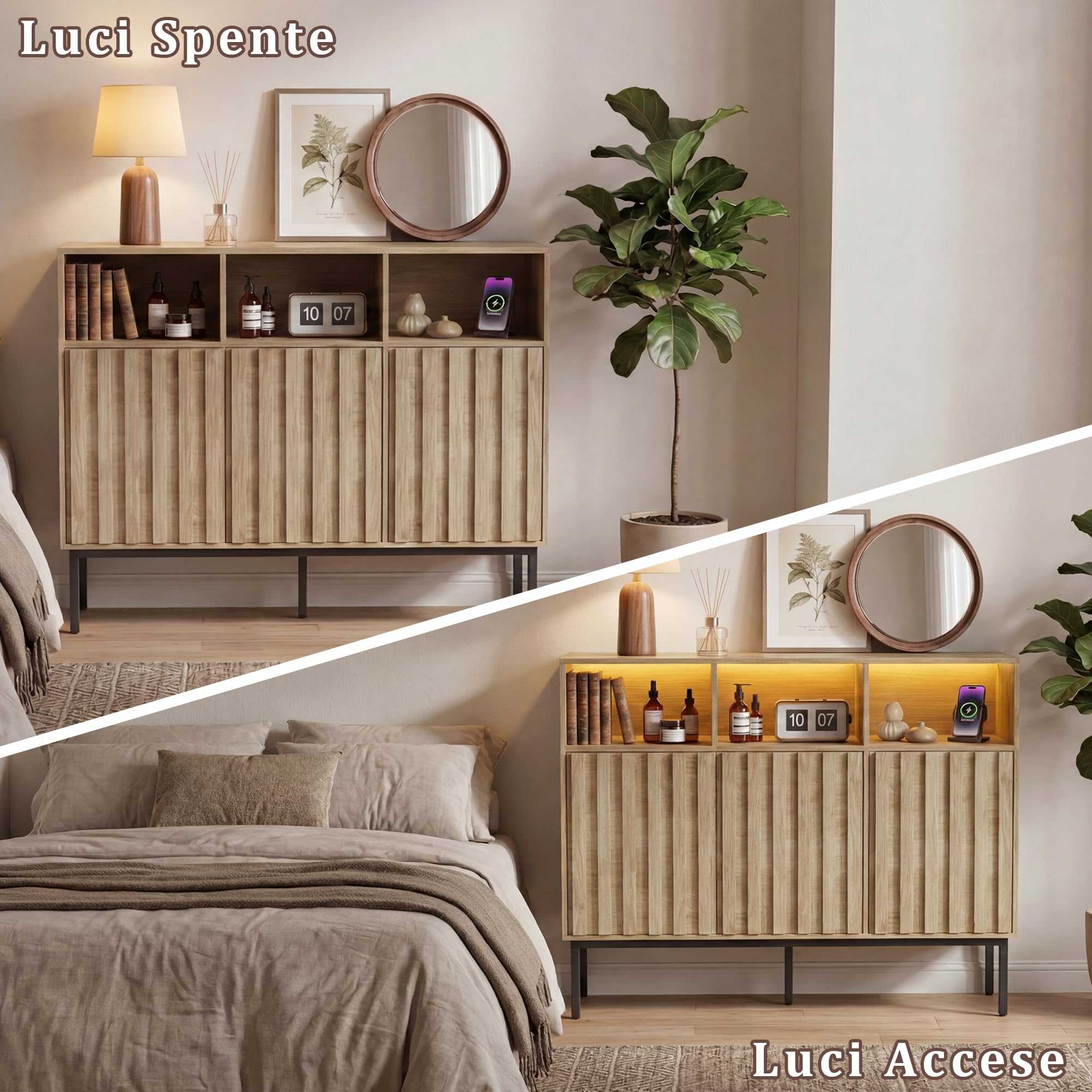 UEV Credenza Cucina con Luce LED a 3 Ante Design Strisce di Legno, Naturale | Armadietto con 3 Scomparti Aperti, Mobile Moderno con Ampio Piano di Lavoro, 105x40x80cm