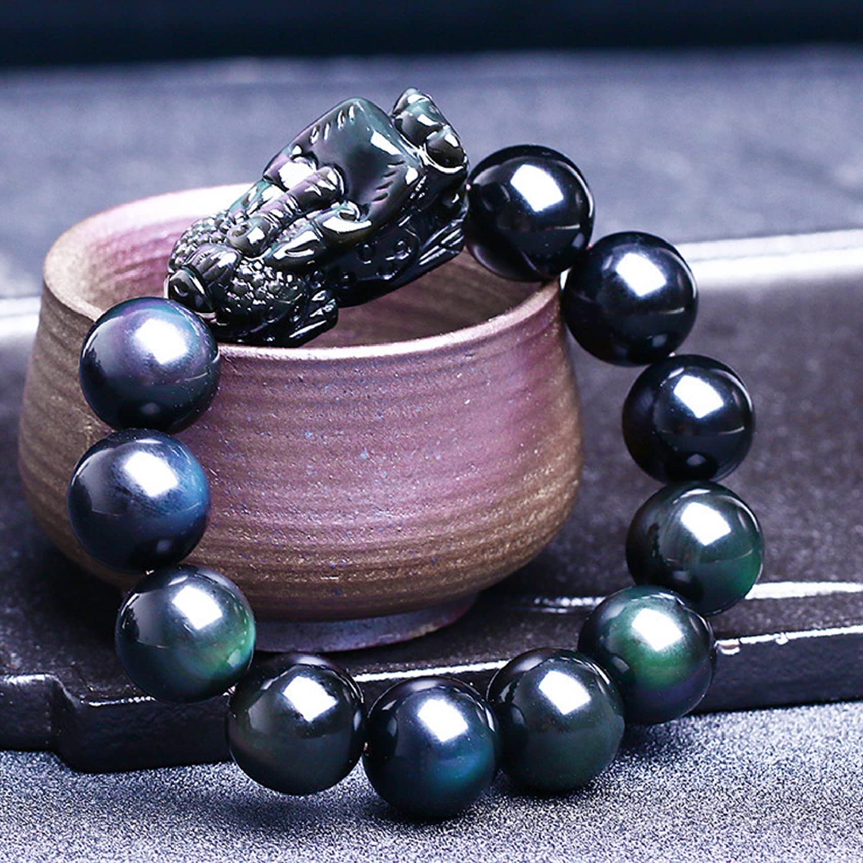 MOCHAMIK Schwarzer Obsidian, Pi Yao Reichtum, 12 mm, Reiki-Kristall, spirituelles Chakra-Amulett, Glück, verstellbar, Abwehr des Bösen, grün, 12 mm