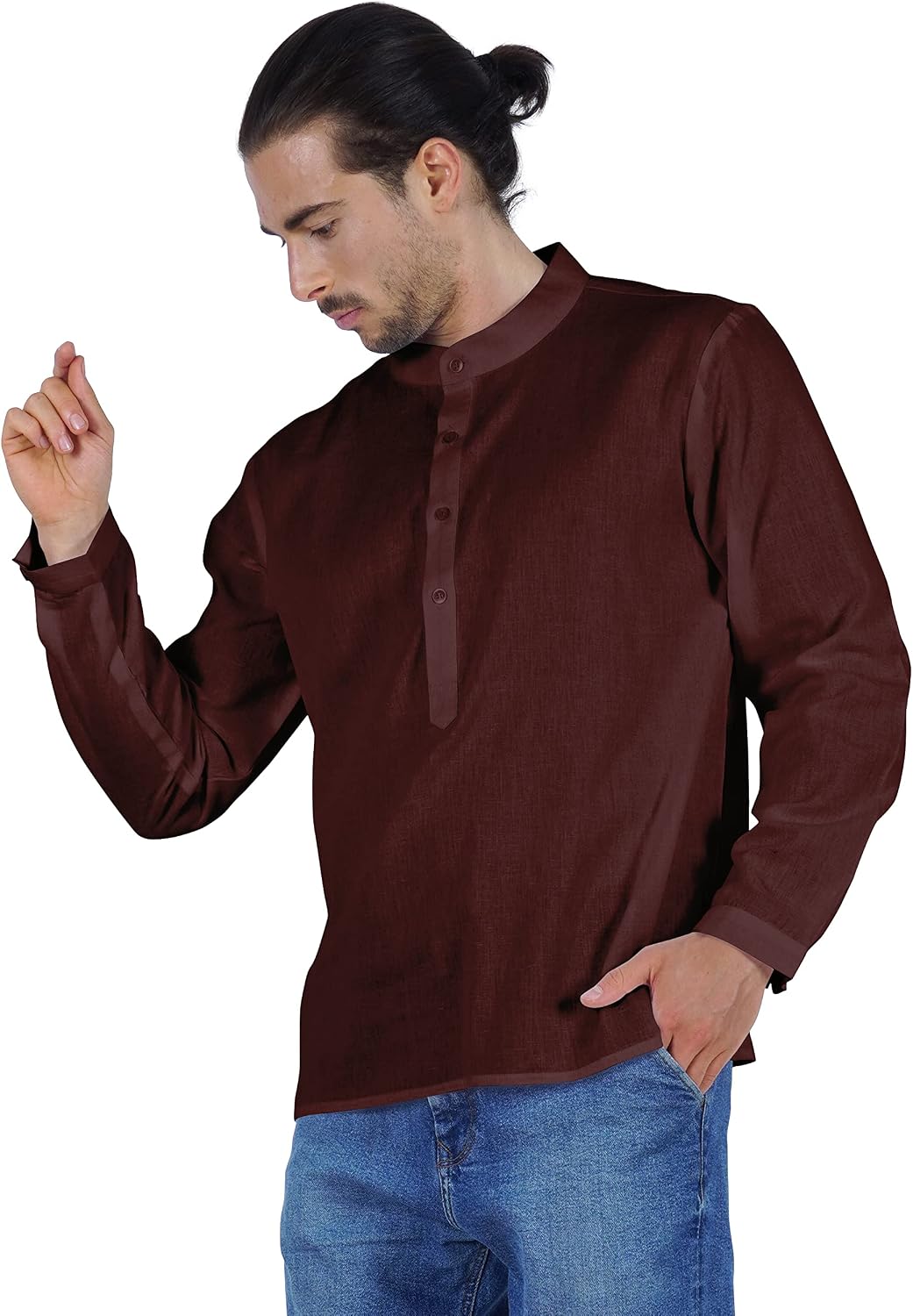Atasi Indian Mens Short Kurta Henley Shirt Long Sleeve Mandarin Collar Shirt