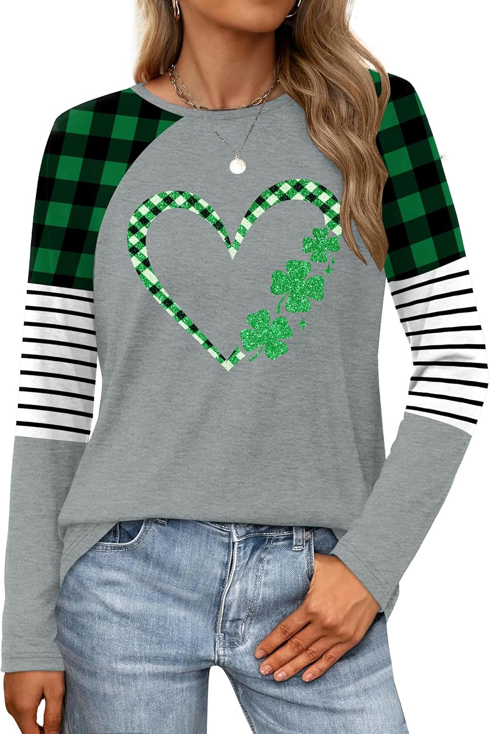 Women's St. Patrick's Day Shirt: Shamrock Heart T Shirts Lucky Tops Plaid Raglan Long Sleeve Tshirt - Image 4