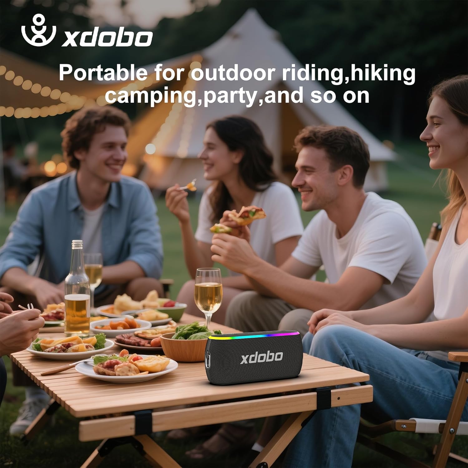 Close-up of the xdobo X8 III speaker's rear panel, showing the rubber flap covering the charging and input ports.