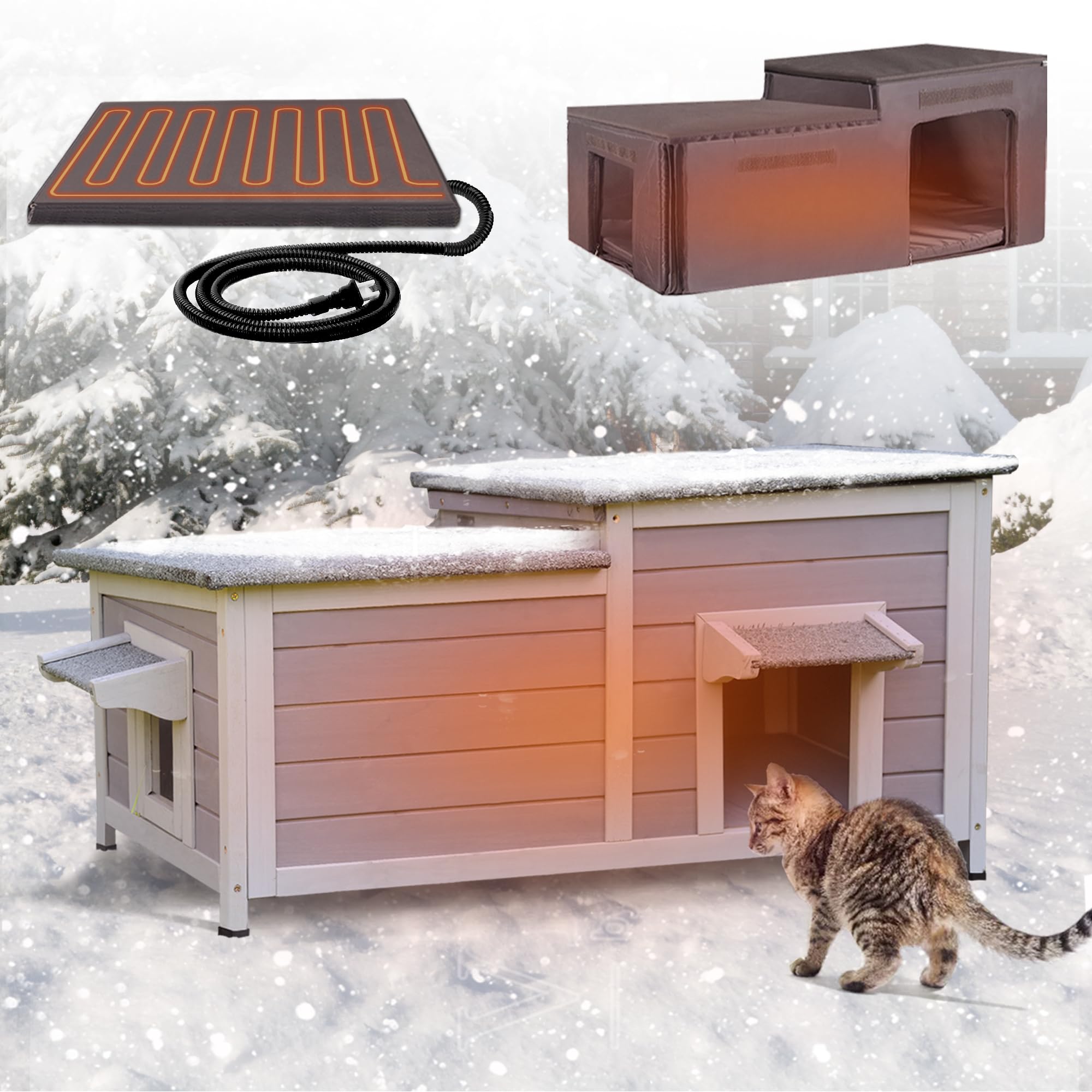 GUTINNEEN Heated Cat House for Outside, Insulated Cat House Outdoor Weatherproof with Bite-Resistant Wires, Electric Heating Mat, 2 Access Doors &