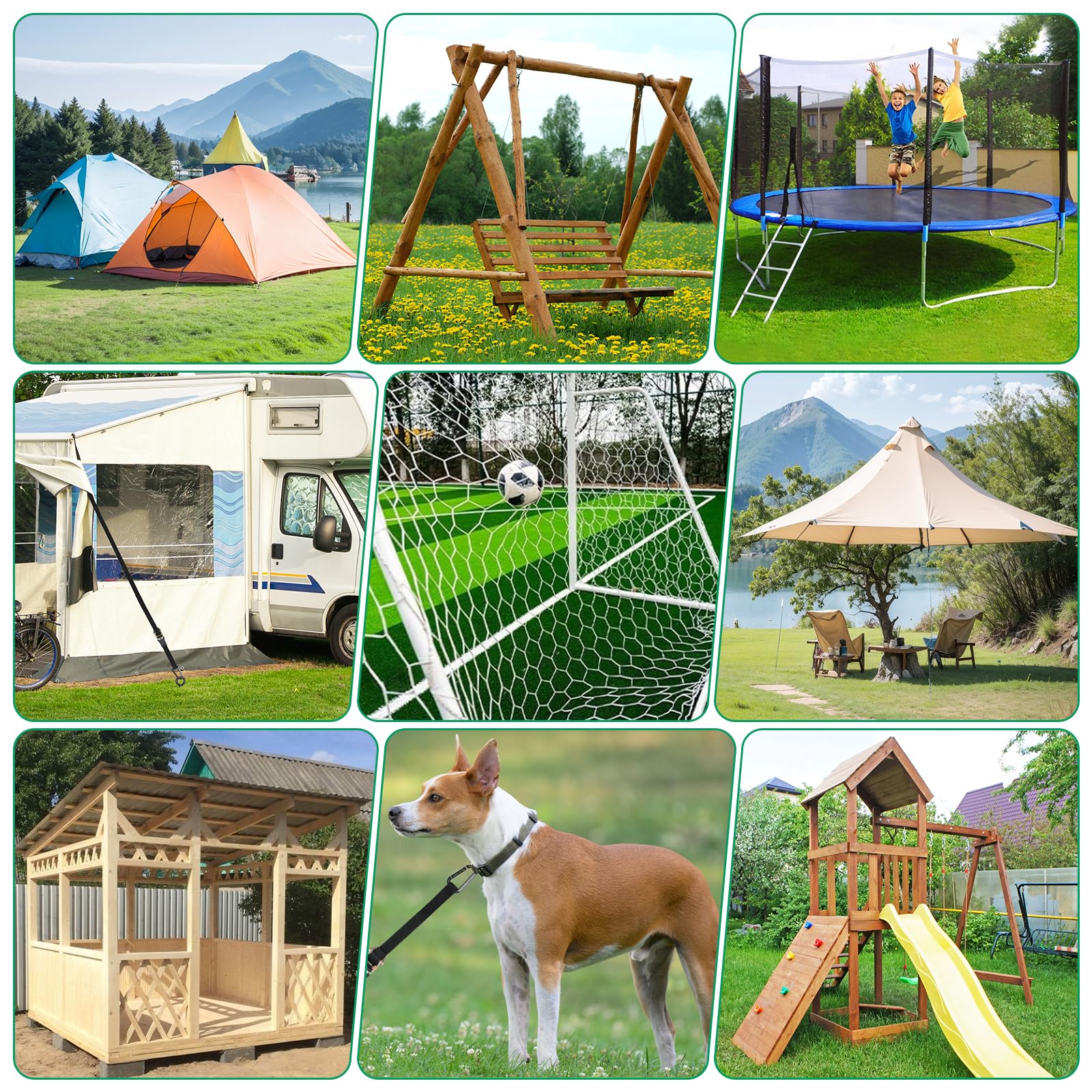 Ancrages au Sol Robustes, 4 piquets spiralés 45 cm pour Vents forts | Piquets à visser 100% soudés avec sangles à cliquet, mousquetons & outils pour trampoline, tonnelle, balançoire, tente & abri