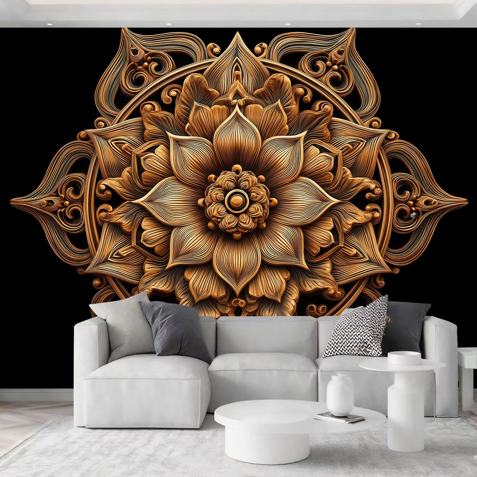 Papel pintado 3D efecto mandala loto 300 x 210 cm XXL Fotomural Dormitorio Simétrico Geométrico Papel Pintado Salón Pared Decoración Pasillo Aesthetic Murales