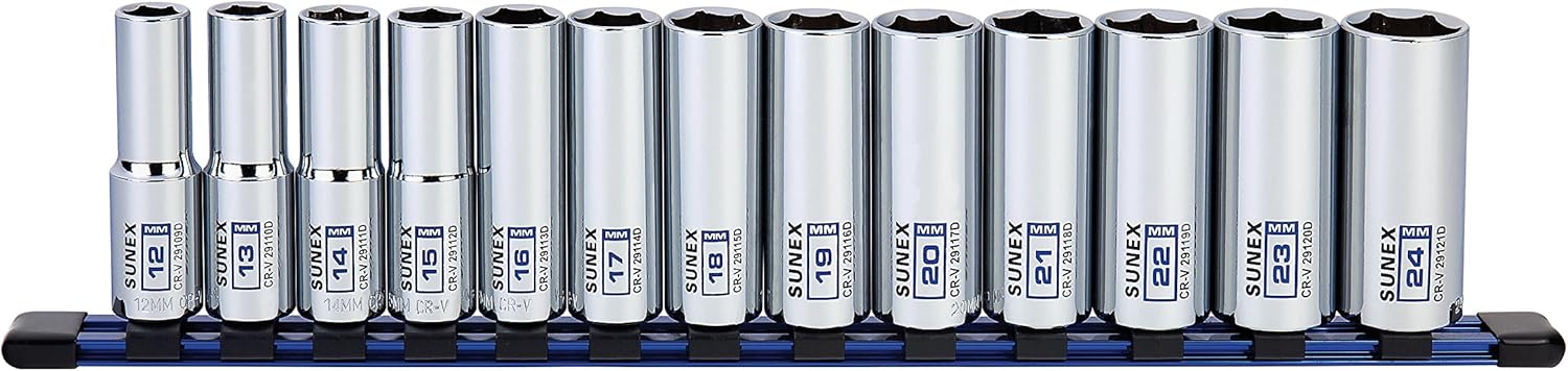 13Piece 1/2" Drive Chrome Socket Rail 6Pt Metric Deep