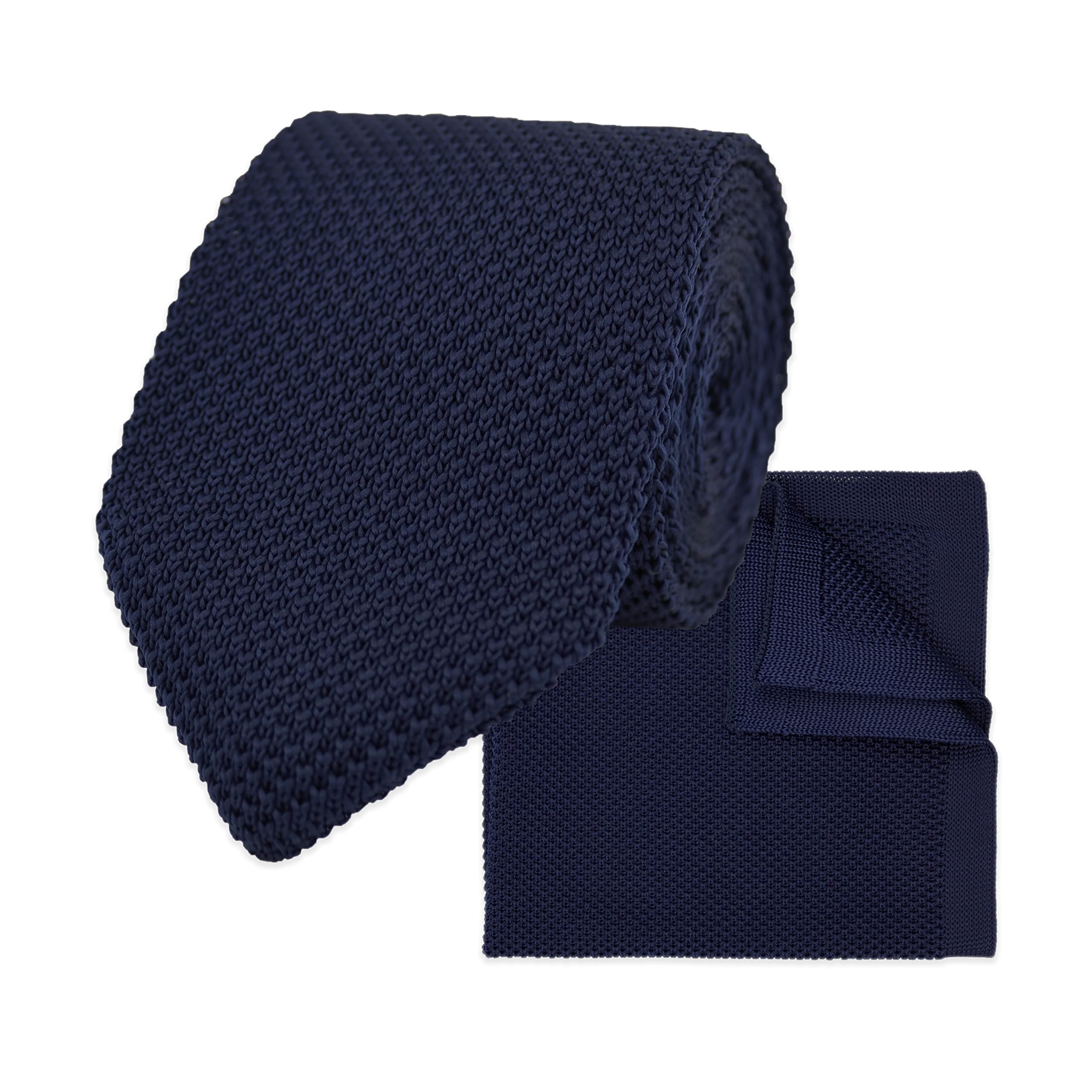 THE GENTS LAB 100% Polyester Knitted Tie & Pocket Square Sets - Many Colours (Navy Blue)