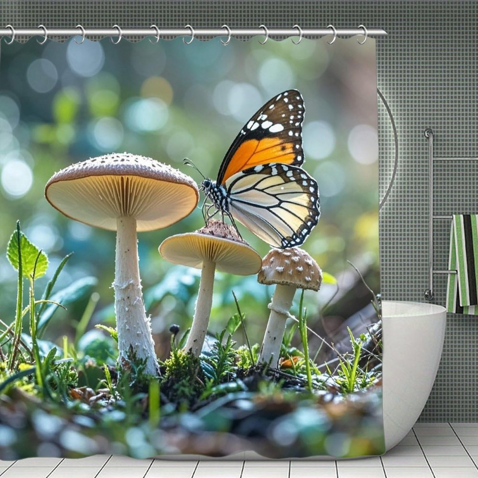 FekiLoot Butterfly Mushroom Shower Curtain Minimalist Thick Bathroom Curtain Washable Modern Bathroom Shower Curtain Heavy Duty Waterproof Cloth Bath Curtain with Hooks 70.8"x70.8"