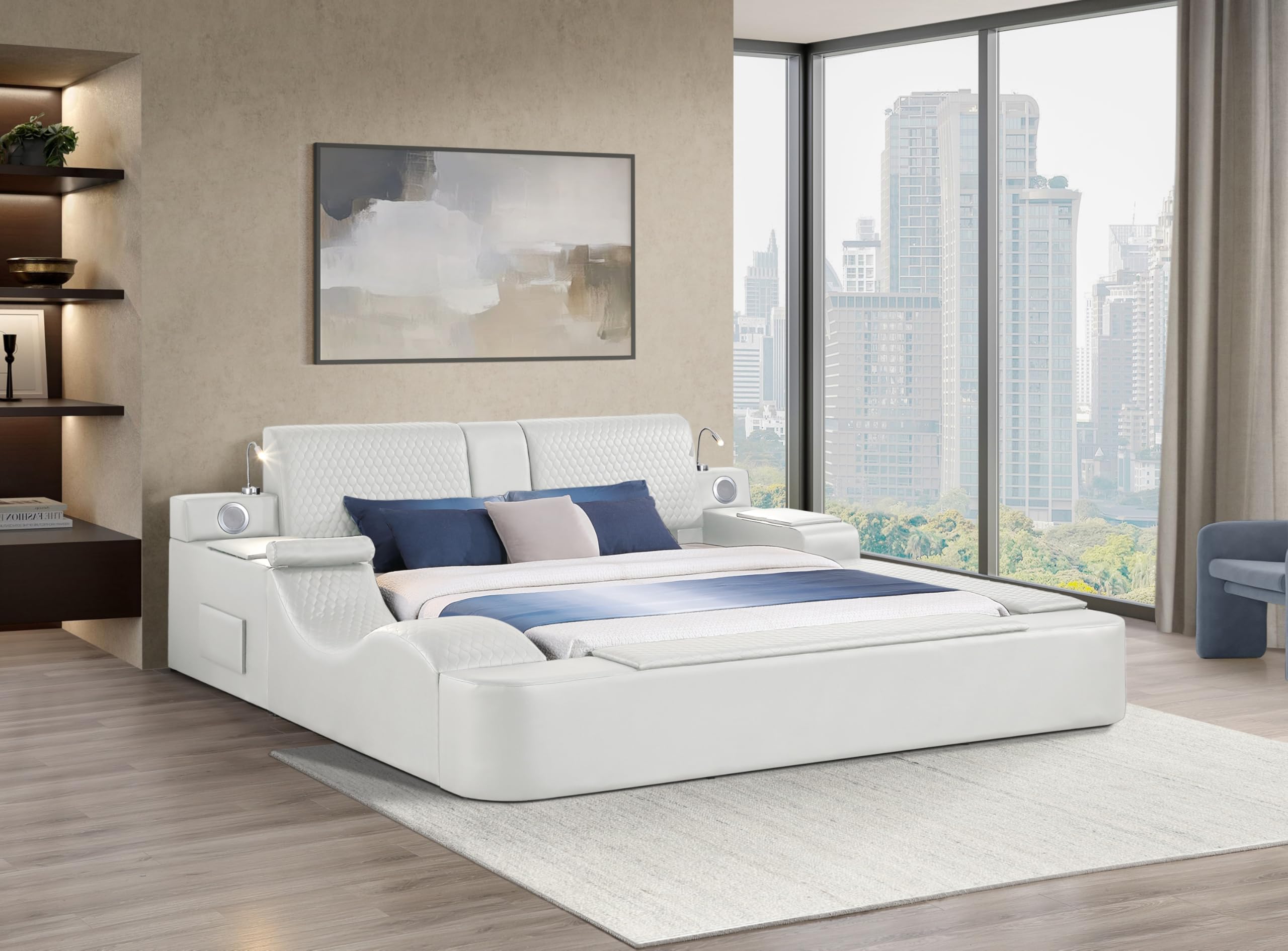 WAQINBR King Size Smart Bed, Multifunctional Leather Bed Frame with Massage Recliner/Adjustable Headboard/Music Speaker/USB Port/Storage Space, Modern