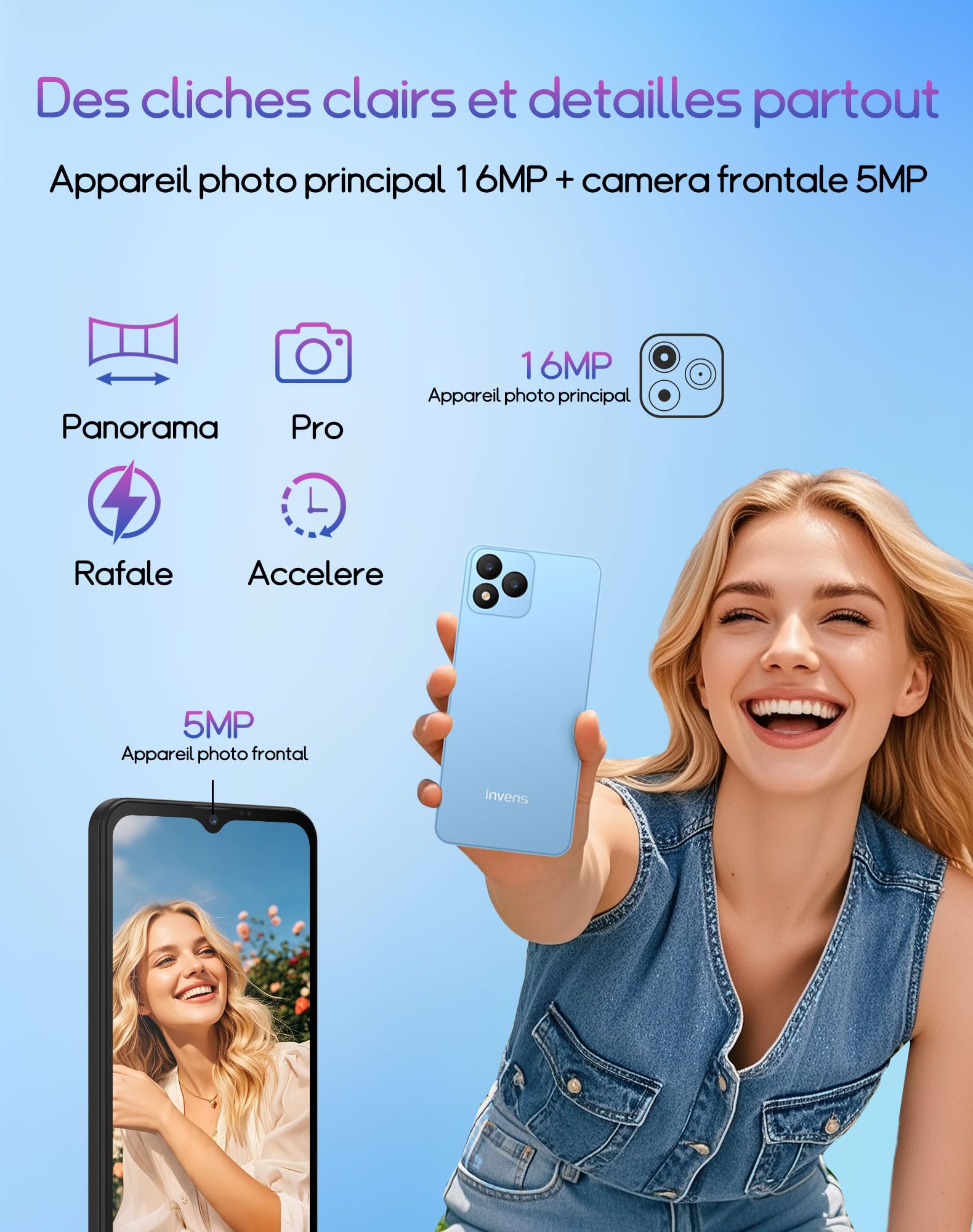 INVENS NOTE TK01 Téléphone Portable, 7(3+4)Go + 32Go(TF 256GB) Telephone Pas Cher, Écran 6.6"HD+, 16MP+5MP Smatphone, Batterie 4250mAh Android Telephone Portable, Double 4G SIM/OTG/Face ID/GPS, Bleu