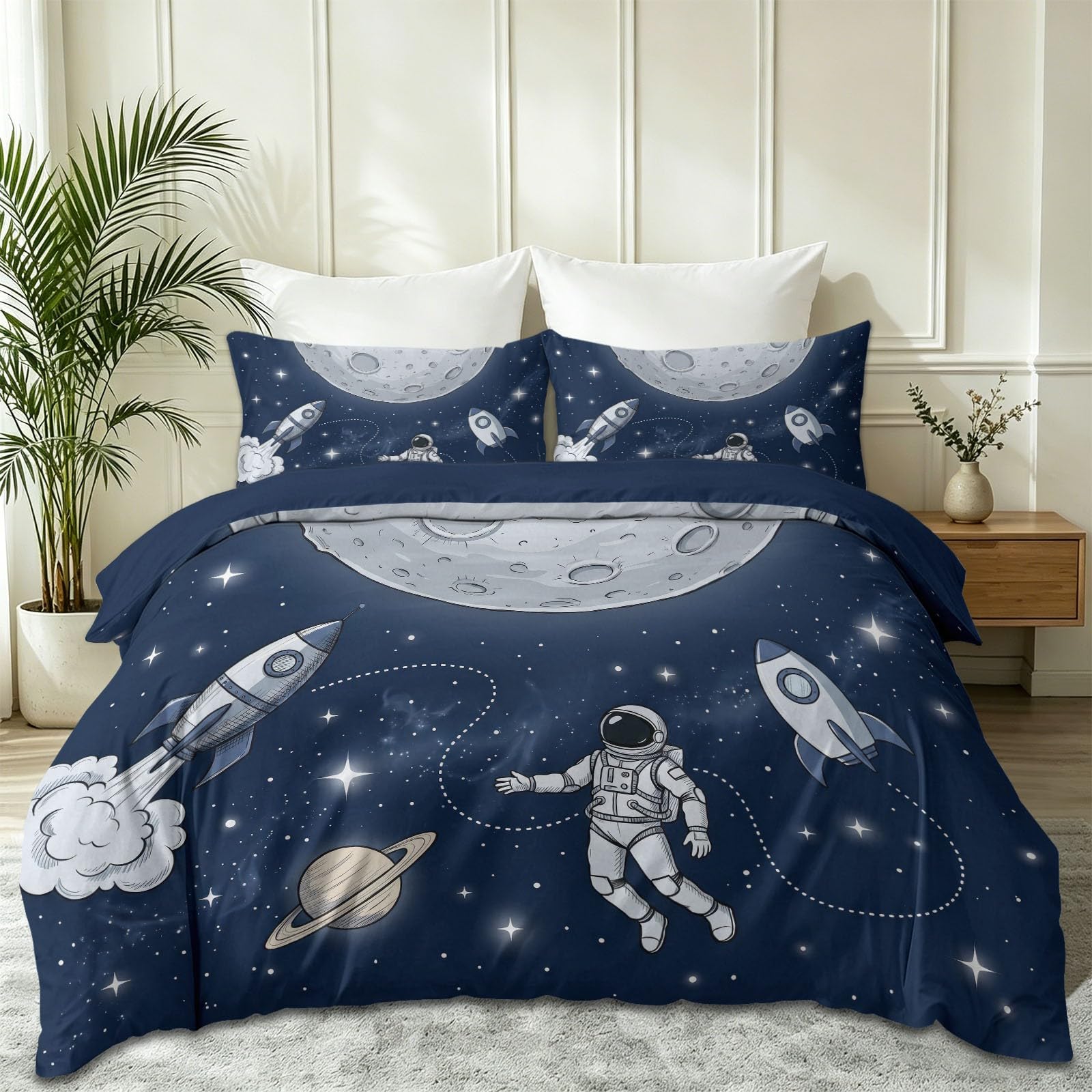 Dwustronna poszwa na kołdrę 135 x 200 cm, zestaw pościeli z ilustracją dla dzieci, na 4 pory roku, minimalistyczny kosmos, meteoryt, astronauta, nadaje się do prania, pościel z mikrofibry, dla