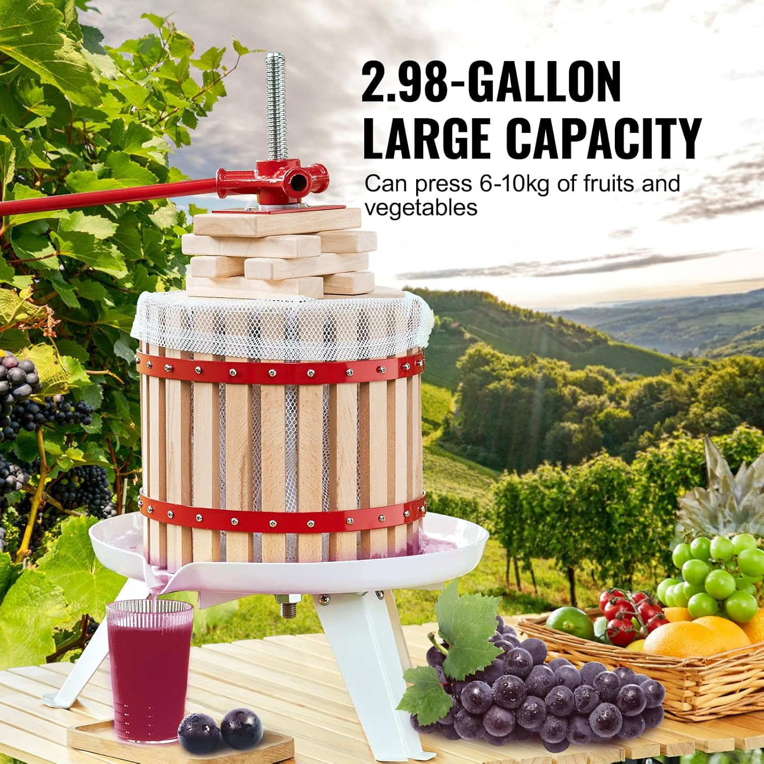VEVOR Fruit Wine Press, 3.2 Gallon/12L, Solid Wood Basket with 6 Blocks, Manual Juice Maker, Cider Apple Grape Tincture Vegetables Honey Olive Oil Making Press with Pole Handle Bar for Kitchen, Home