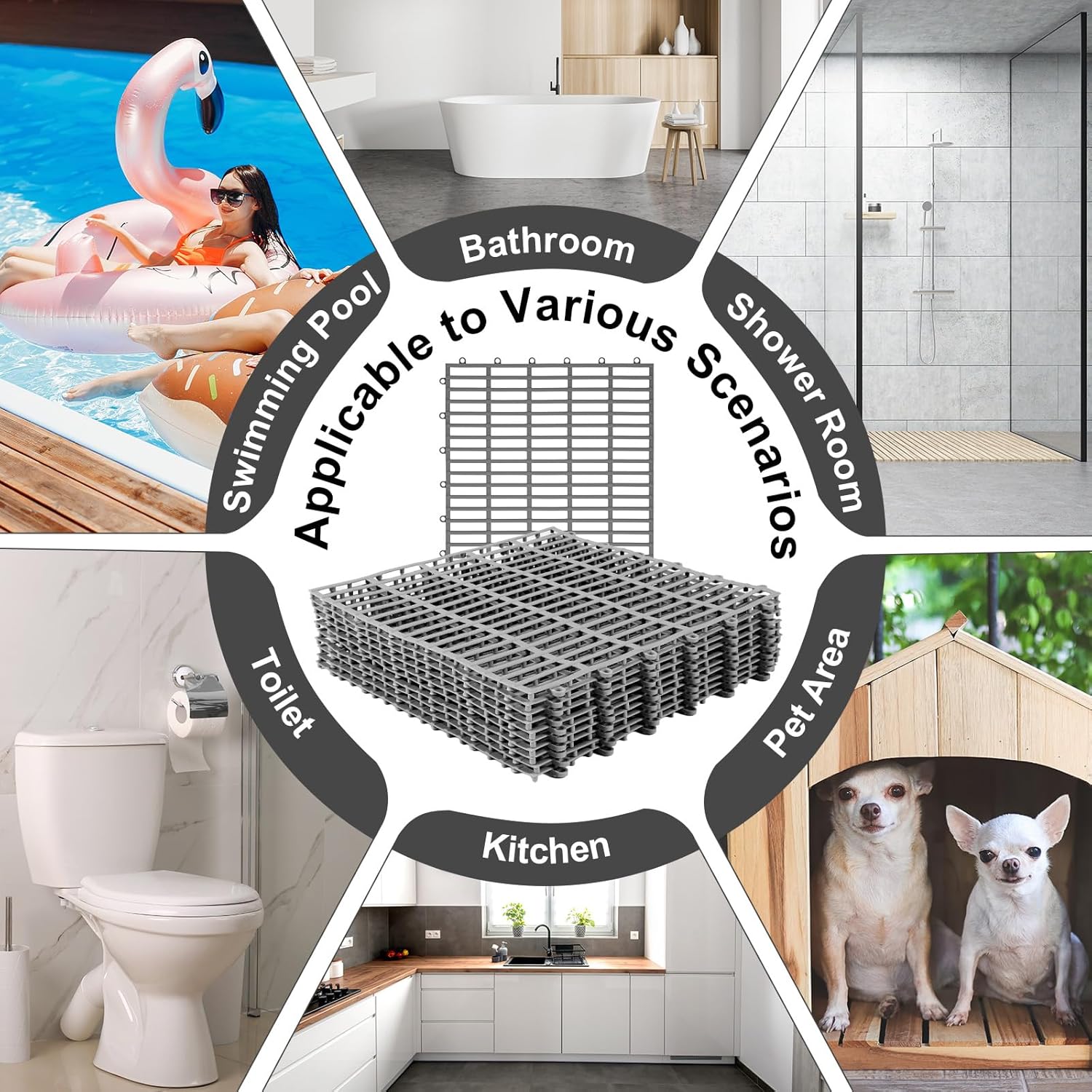Tinideya 30 Pcs Anti-Slip Drainage Tiles Interlocking Shower Floor Mats 12" x 12" Soft TPE Bathroom Splicing Mats with Drain Holes for Pool, Deck, Garage & Pet Areas(Gray)
