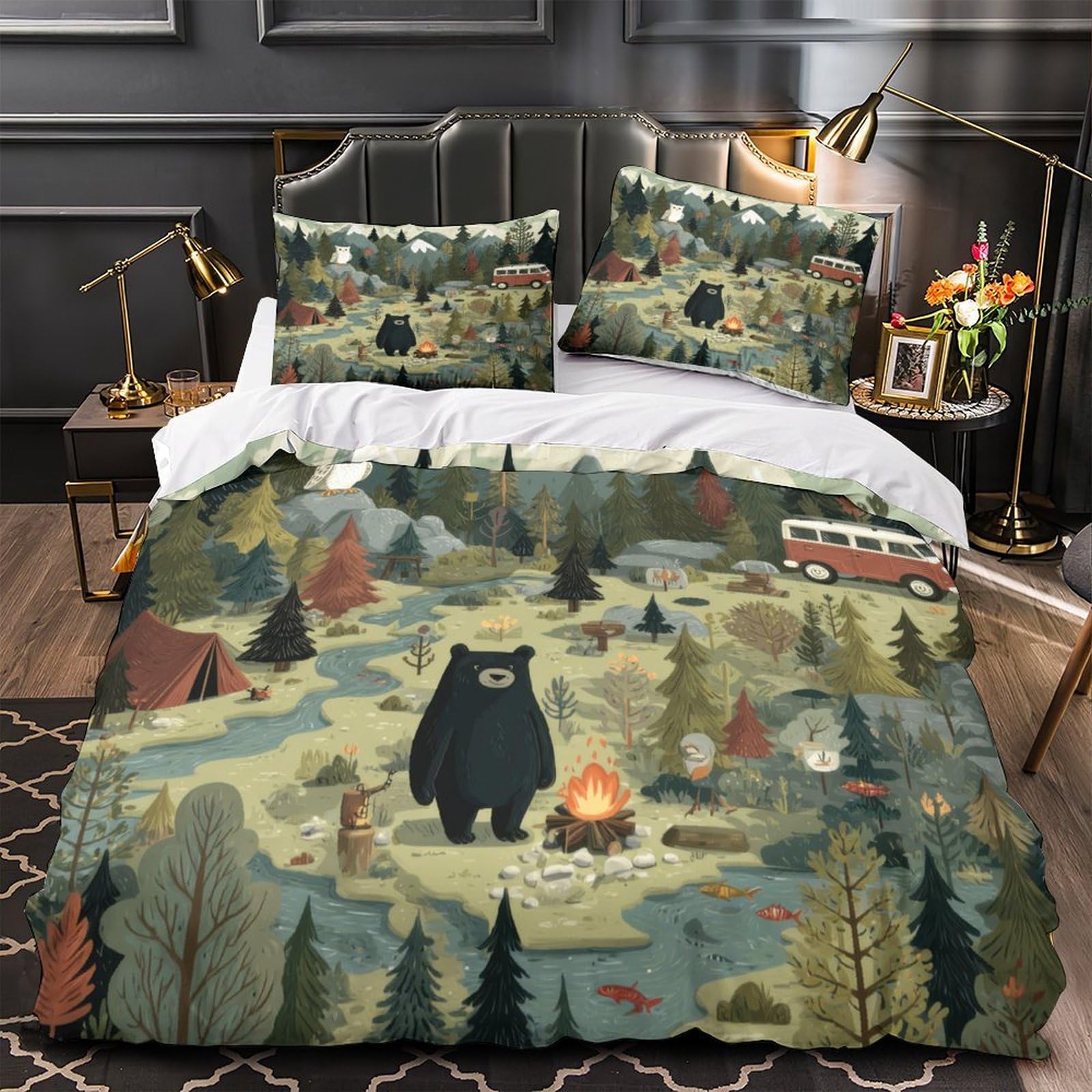 Wald Camping Szene 3-teiliges Reines Polyester Illustriertes Naturabenteuer Bettbezug, Versteckter Reißverschluss, Krippenbettwäsche, Babysicher & Pflegeleicht King（220x240cm）