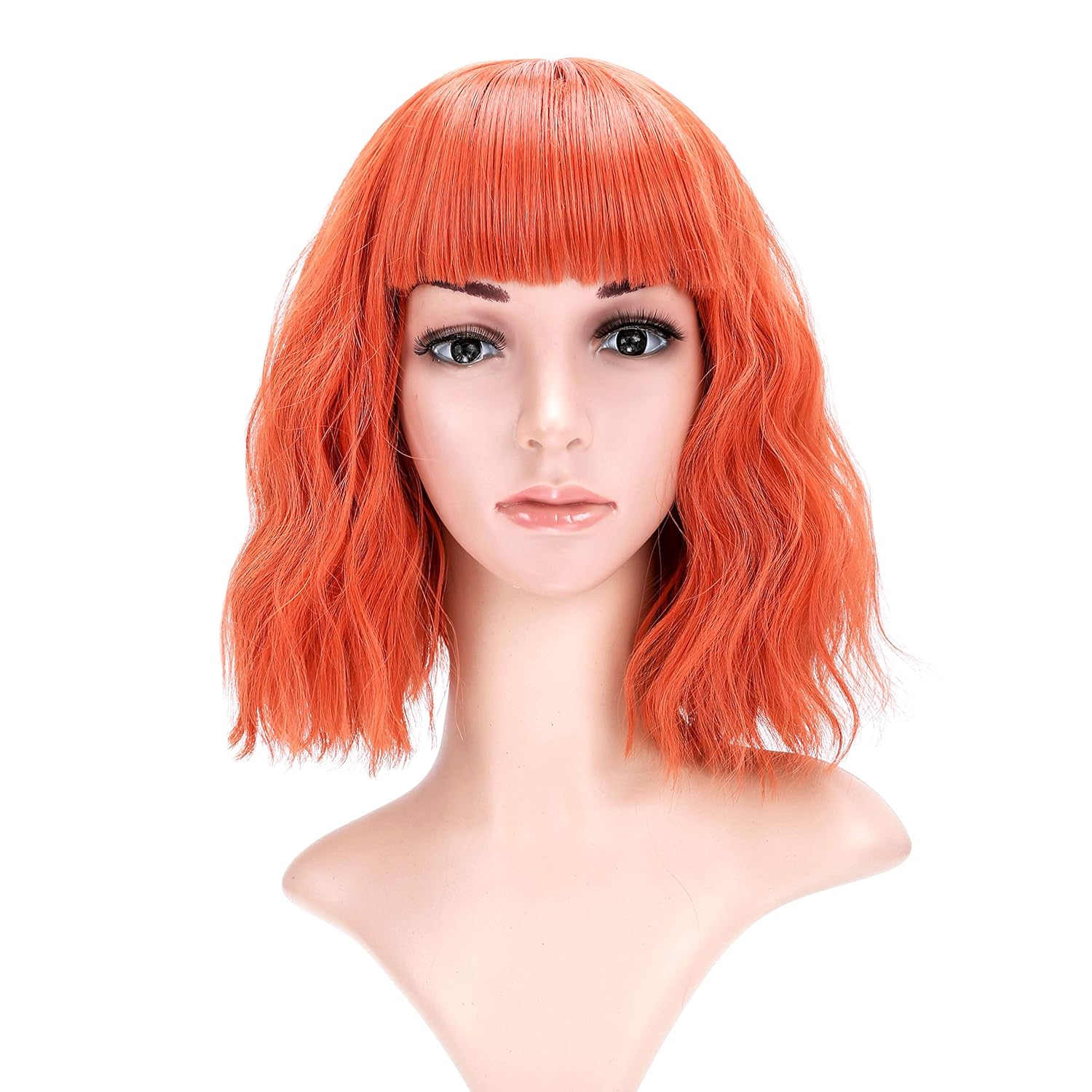 Orange 12 VCKOVCKO Short Bob Wigs Pastel Wavy Wig With Air Bangs Women's Shoulder Length Wigs Curly Wavy Synthetic Cosplay Wig Pastel Bob Wig for Girl Colorful Costume Wigs(12, Orange)