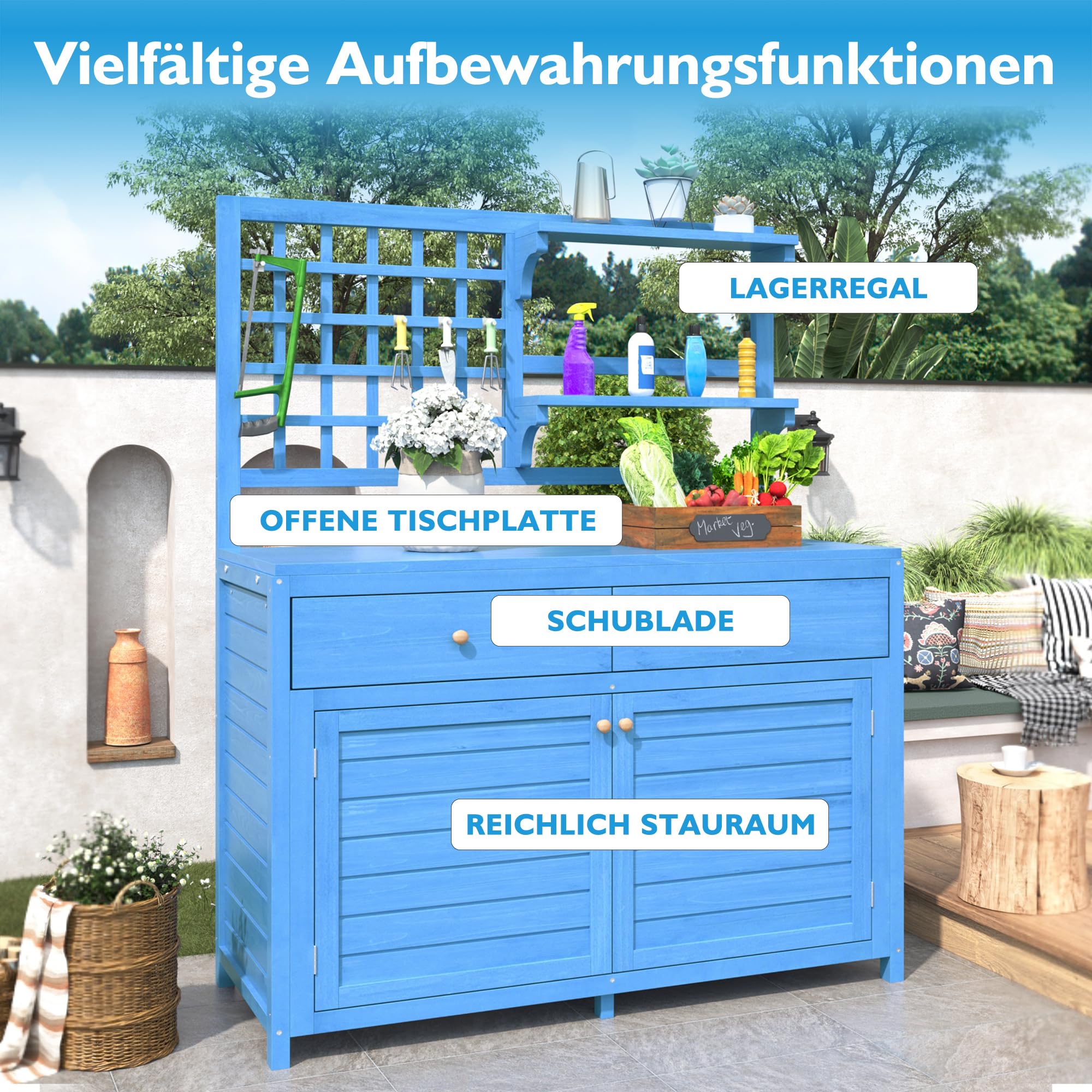 YESGIGA Holz Gartenschrank, Gartenschrank mit Regalen, Outdoor Schrank, Geräteschuppen, Terrassenschrank, Balkonschrank, Gerätehaus, Gartenmöbel (Blau)