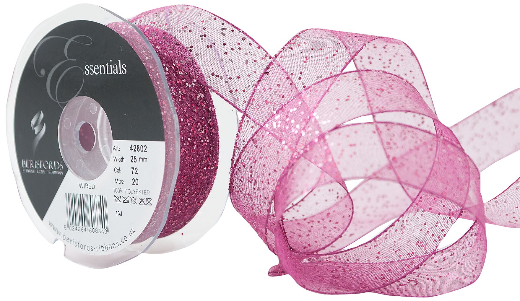 Berisfords 25 mm Random Glitter Wire Edge Ribbon, Shocking Pink