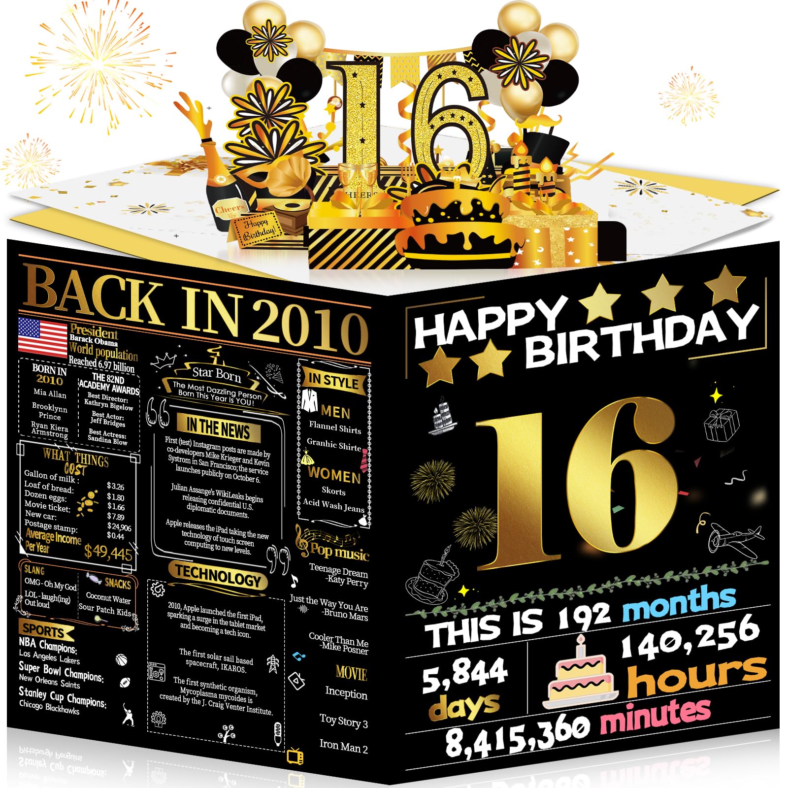 Joycard 16th Birthday Card for Girl Boy, 3D Pop Up Happy Birthday Gift for Daughter Son, Funny 16 year old Birthday Decorations for Grandson Granddaughter, Back in 2010 Laser Gold Retro Theme