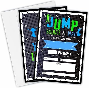 Jump Bounce & Play Birthday Invitations, Trampoline Birthday Party Invites Decorations, Kids Adults Birthday Party And Events Supplies, 20 Fill-In Invites Cards With Matching EnvelopesYQK-B01