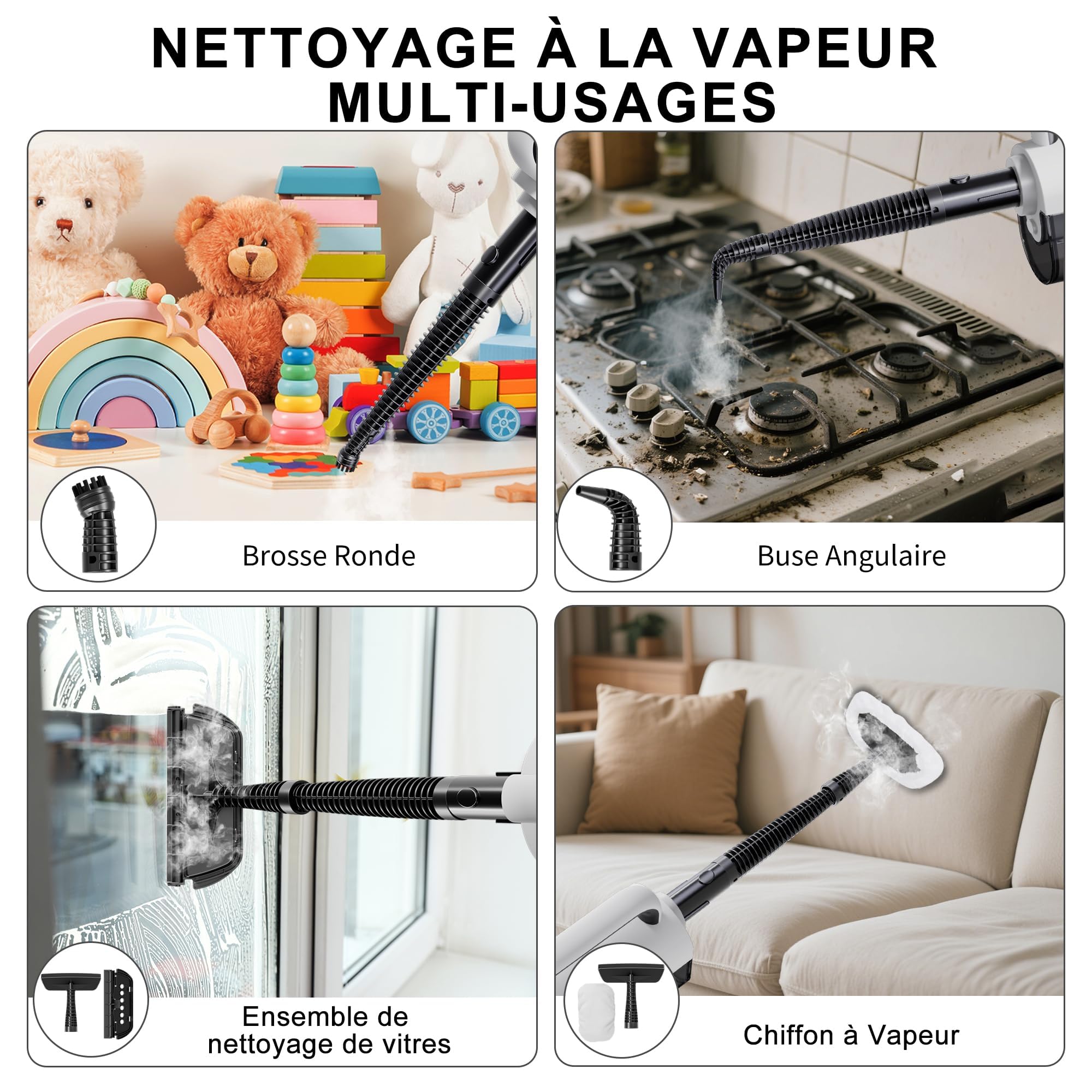 Nettoyeur Vapeur, Balais Vapeur Multifonction 8 en 1, 1500W, Élimine 99,9% des virus et bactéries, Steam Cleaner ECO Sans Détergents, Nettoyeur Vitre, Nettoyeur Vapeur Canapé