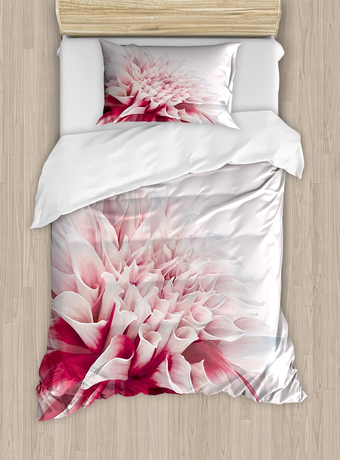 Ambesonne Dahlia Duvet Cover Set, Close up Blossom Pastel Colored Petals Single Large Flower Meadow Print, Decorative 2 Piece Bedding Set with 1 Pillow Sham, Twin Size, White Ivory and Ruby